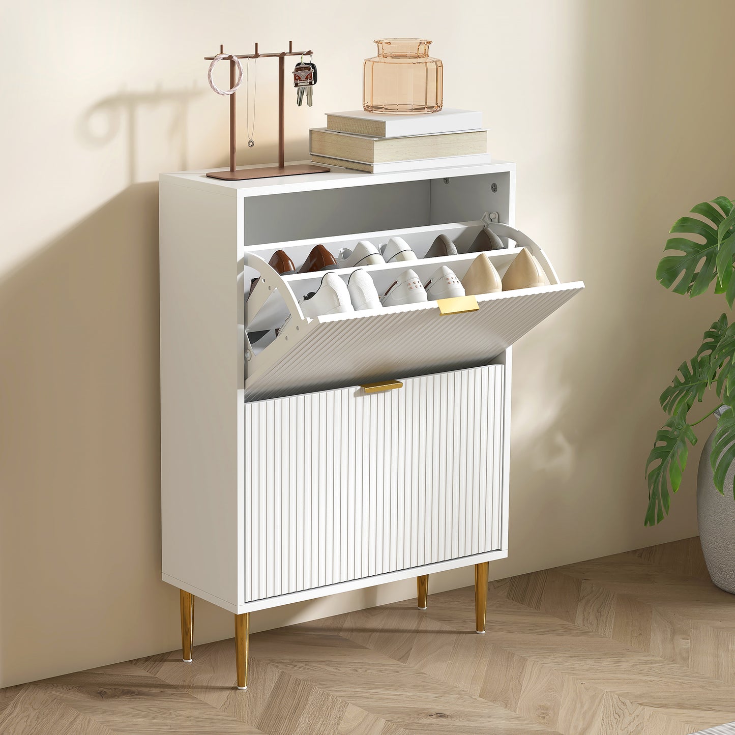 Slim Shoe Storage Cabinet with 2 Flip Drawers for Hallway, White