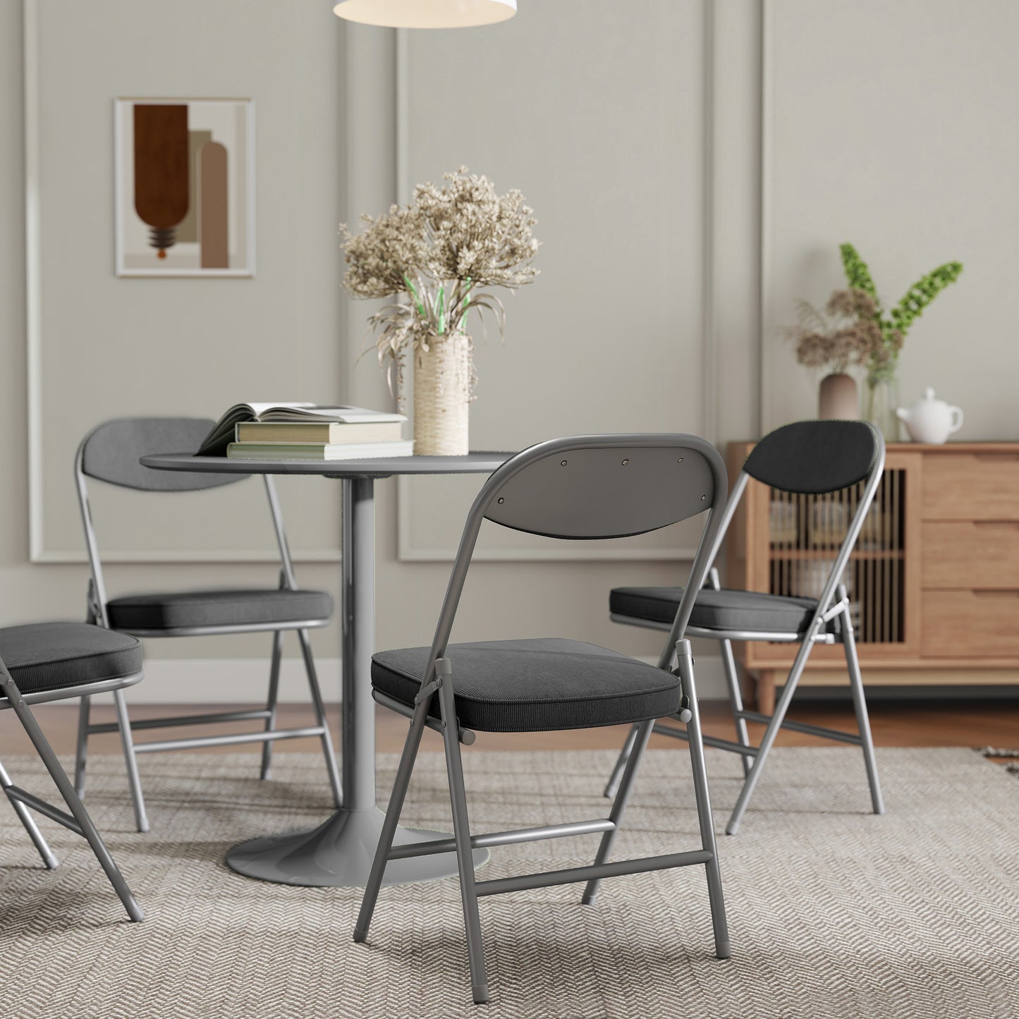 Folding Chairs Set of 4 with Cushioned Seat, Steel Frame, Dark Grey