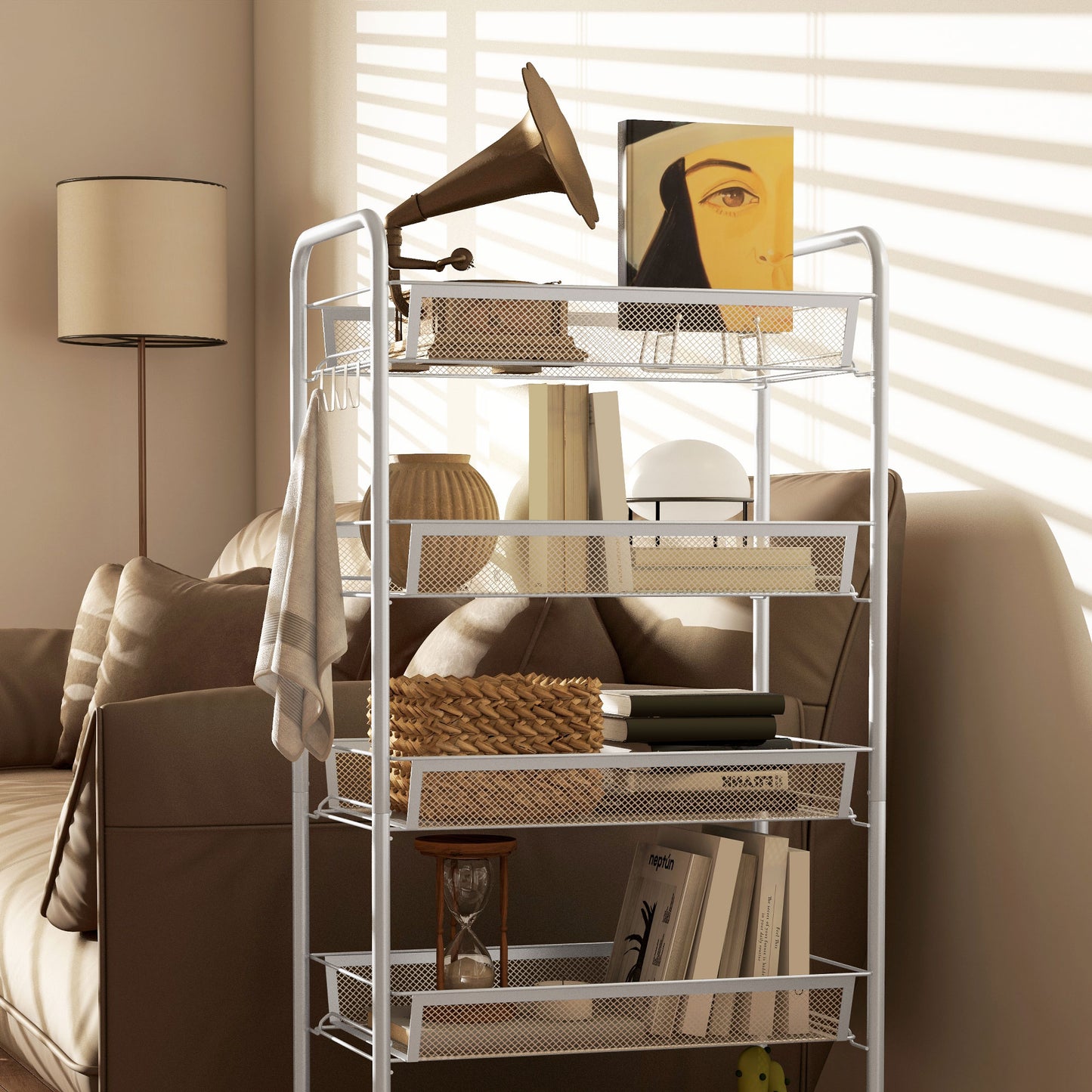 5 Tier Utility Rolling Cart with Removable Mesh Baskets, White