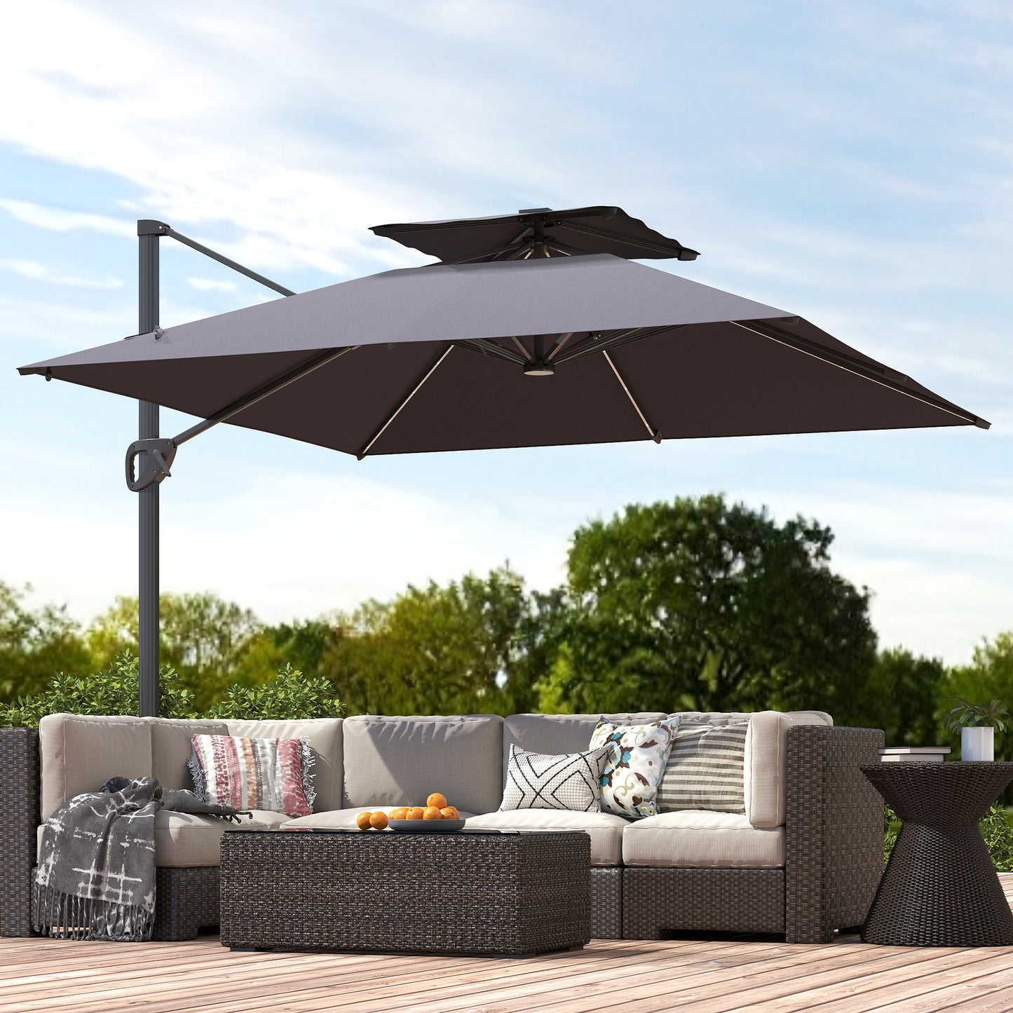 3.5m Aluminium Cantilever Parasol w/ LED Lights Crank Tilt UV50+ Grey