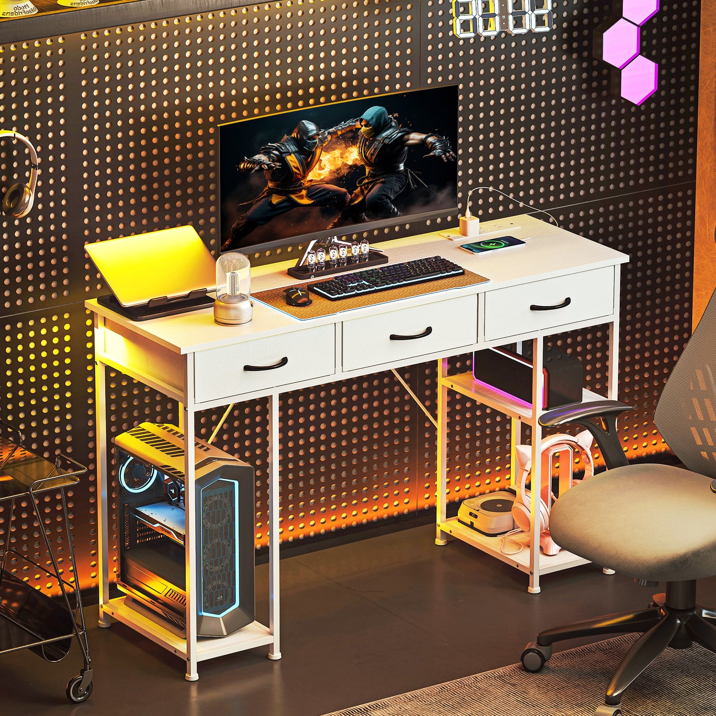Computer Writing Desk with Power Outlets, Drawers, Shelves, White