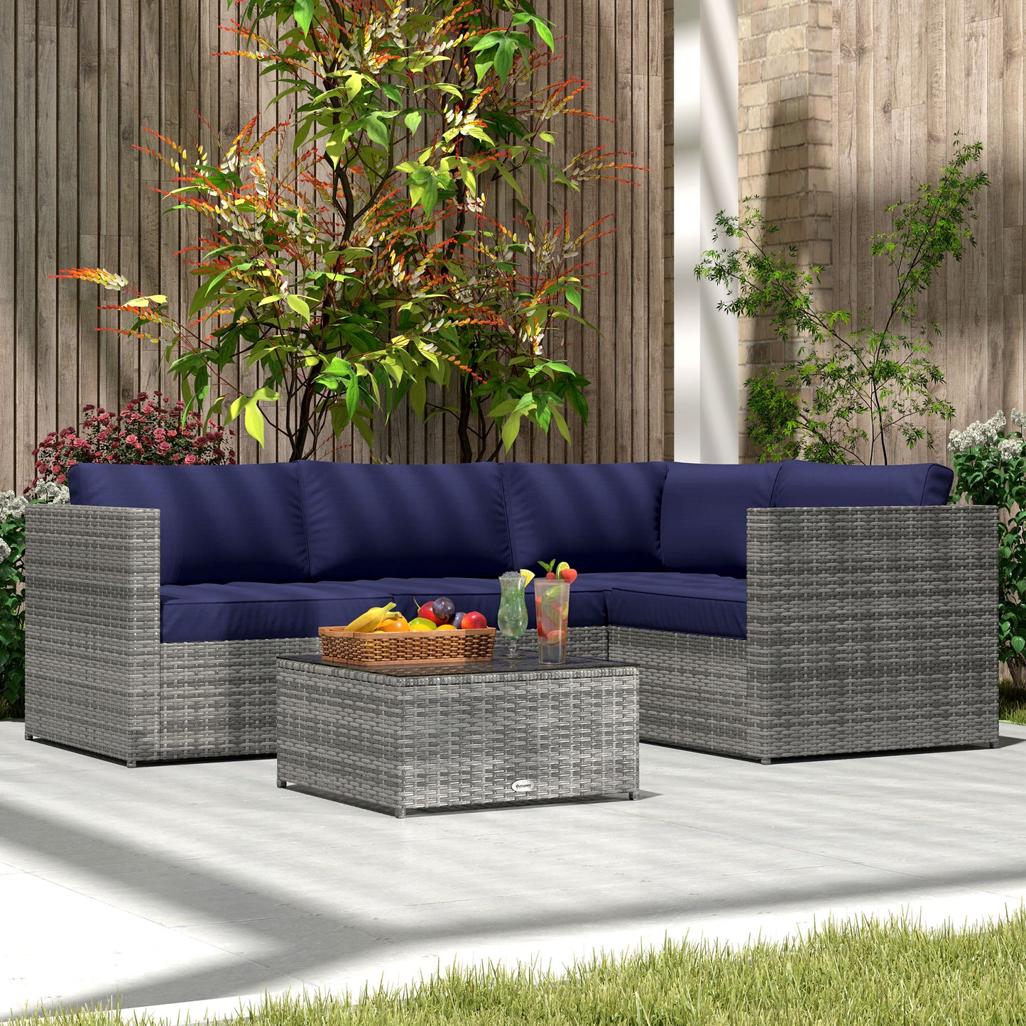3Pcs Rattan Corner Sofa Set with Coffee Table, Cushion, Blue