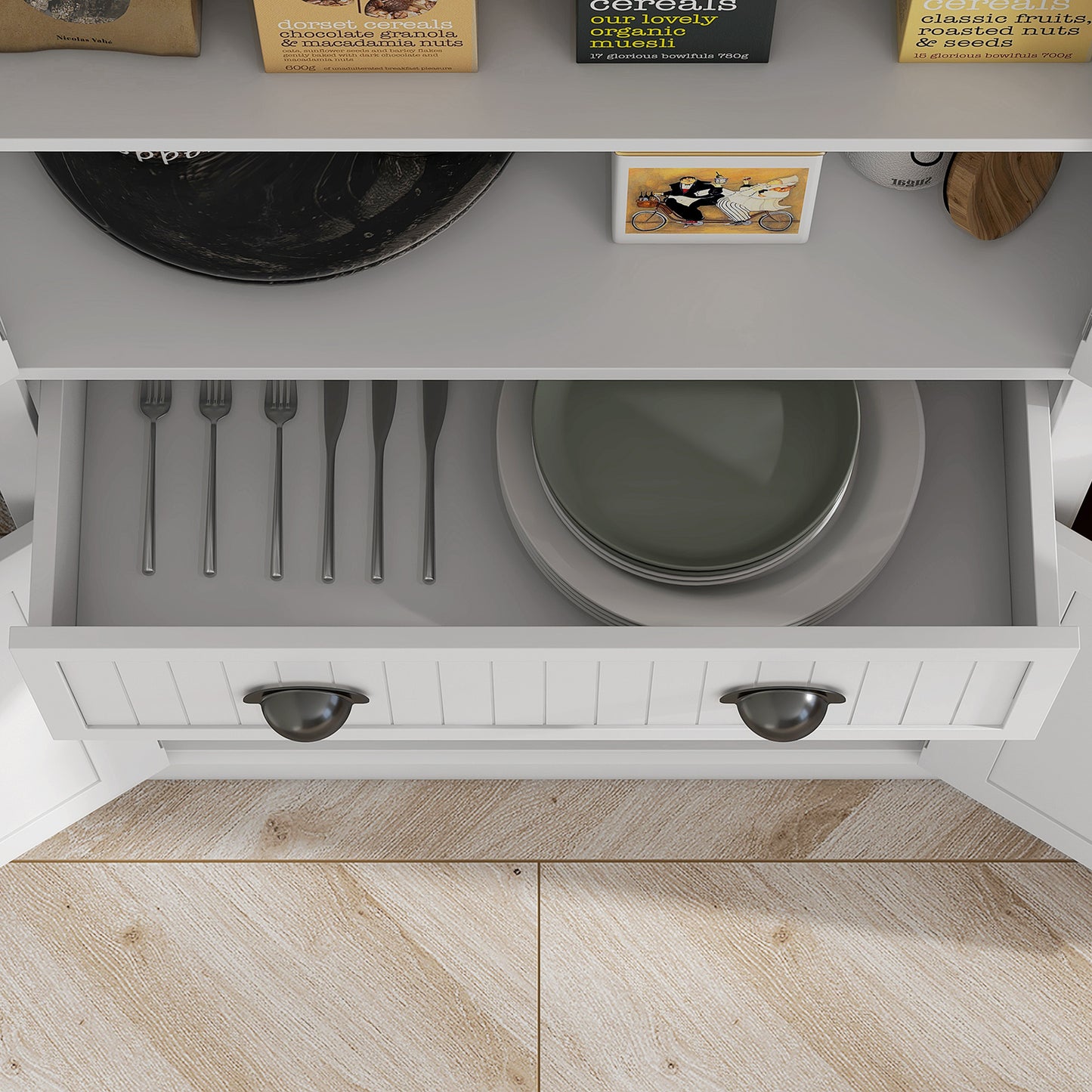 Freestanding Kitchen Storage Cabinet with Drawers and Shelves White