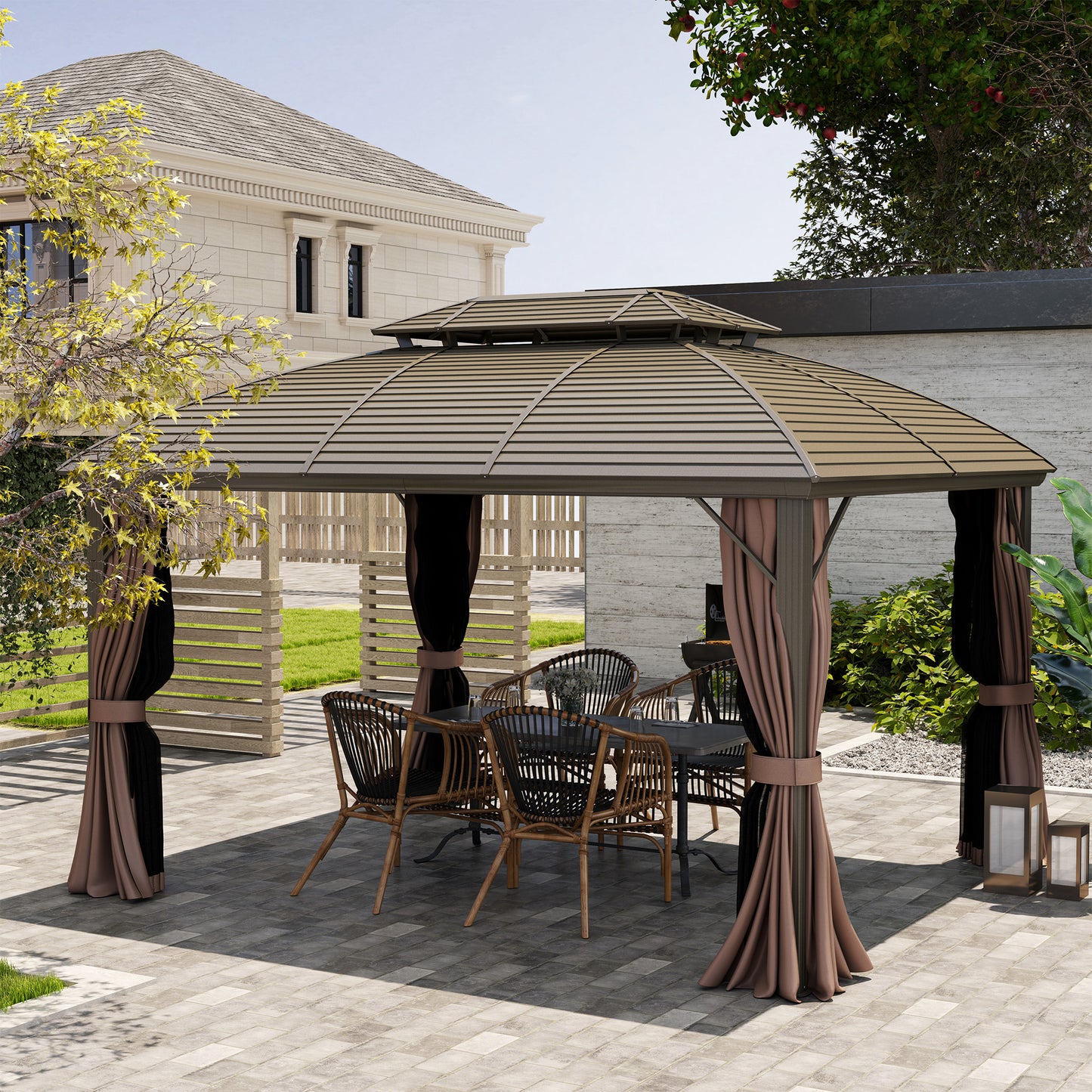 3.65 x 3(m) Aluminium Outdoor Gazebo w/ Hardtop Double Roof, Coffee