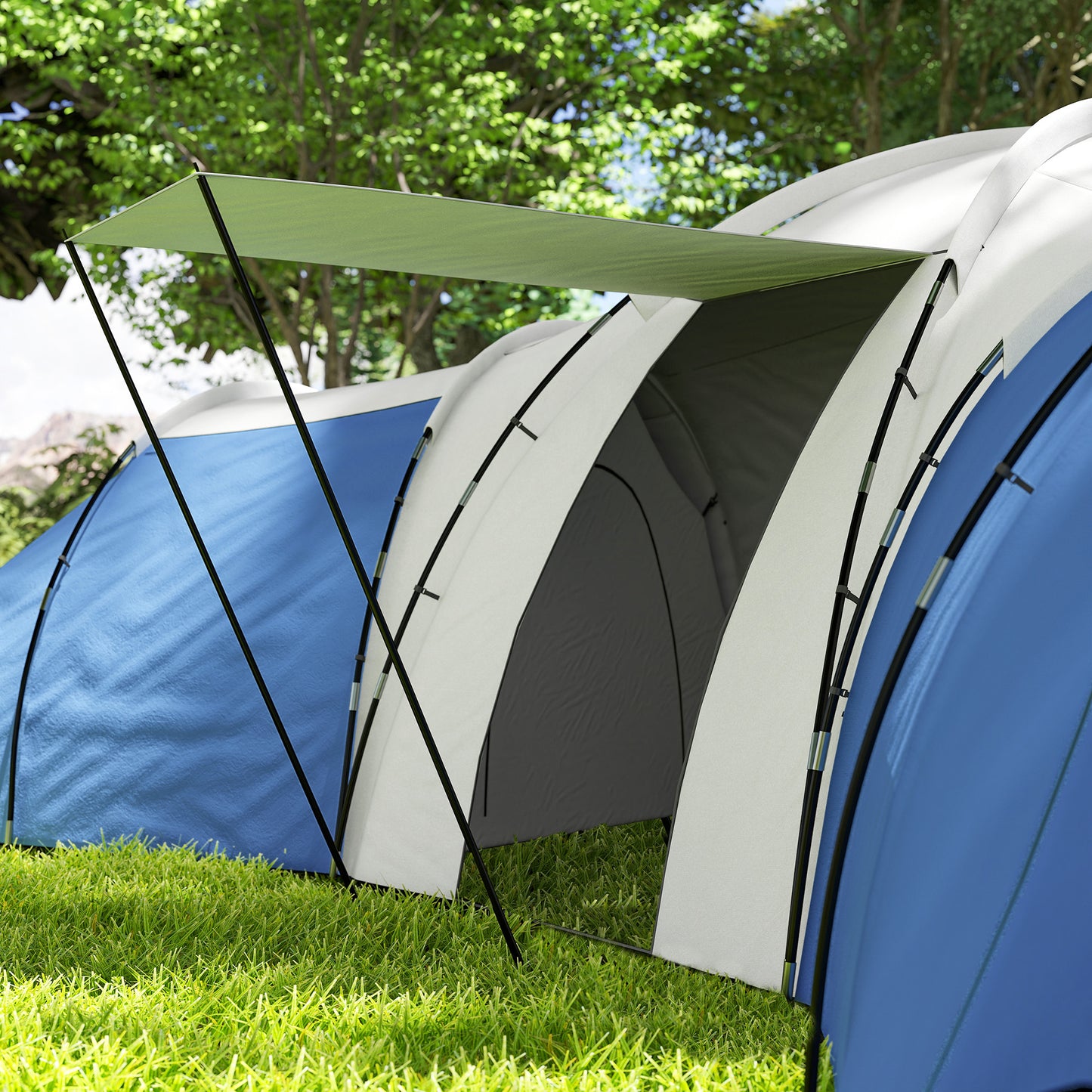 Large Tunnel Tent with 3 Bedroom, Living Area and Porch, Blue