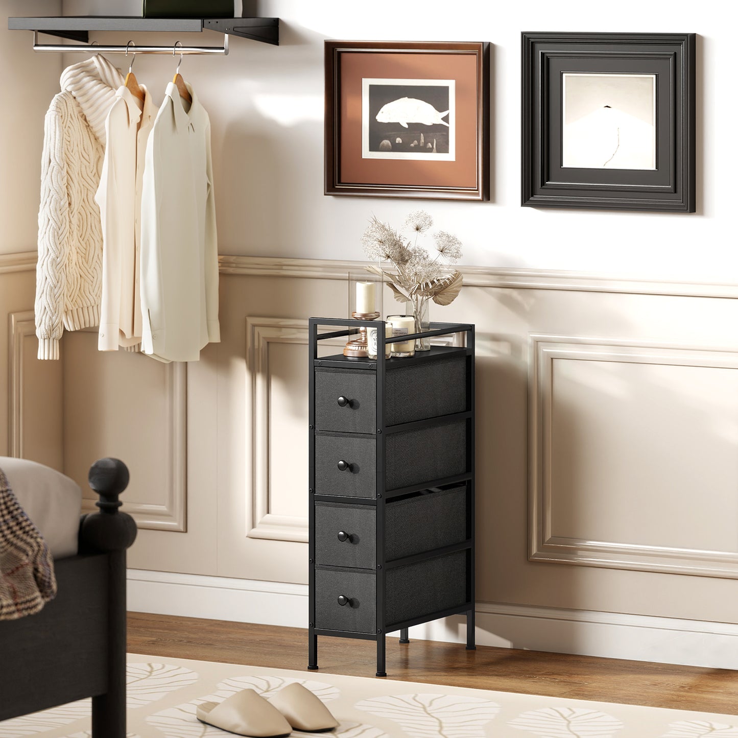 Narrow 4 Drawer Dresser with Steel Frame, Chest of Drawers, Black