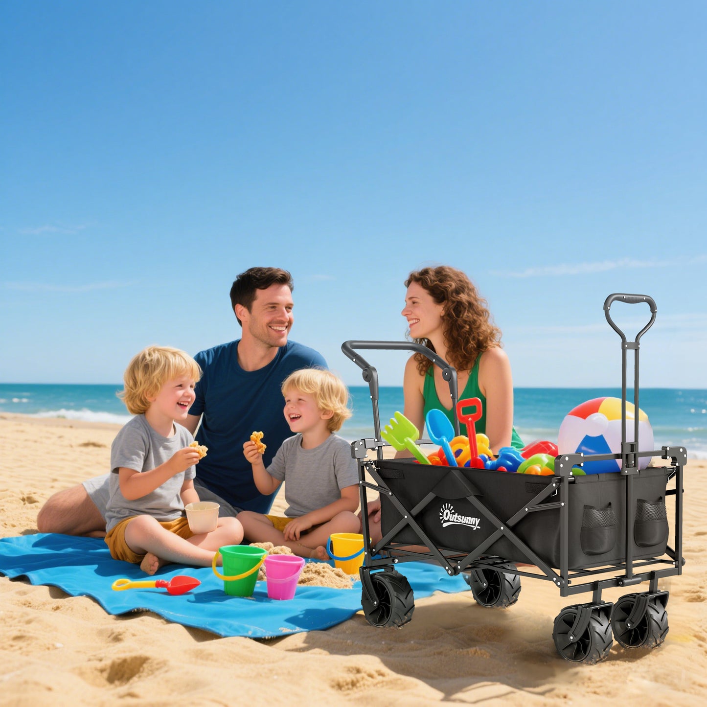 Outdoor Push Pull Wagon Stroller Cart w/ Canopy Top Black