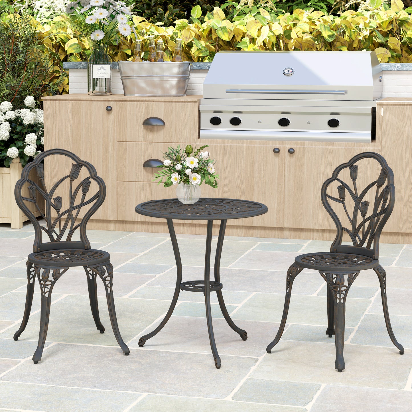 3 Piece Bistro Set, Aluminium Garden Furniture with Umbrella Hole