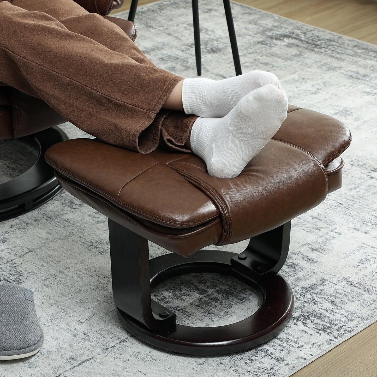 Swivel Manual Recliner and Footrest Set PU Leather Chair Brown