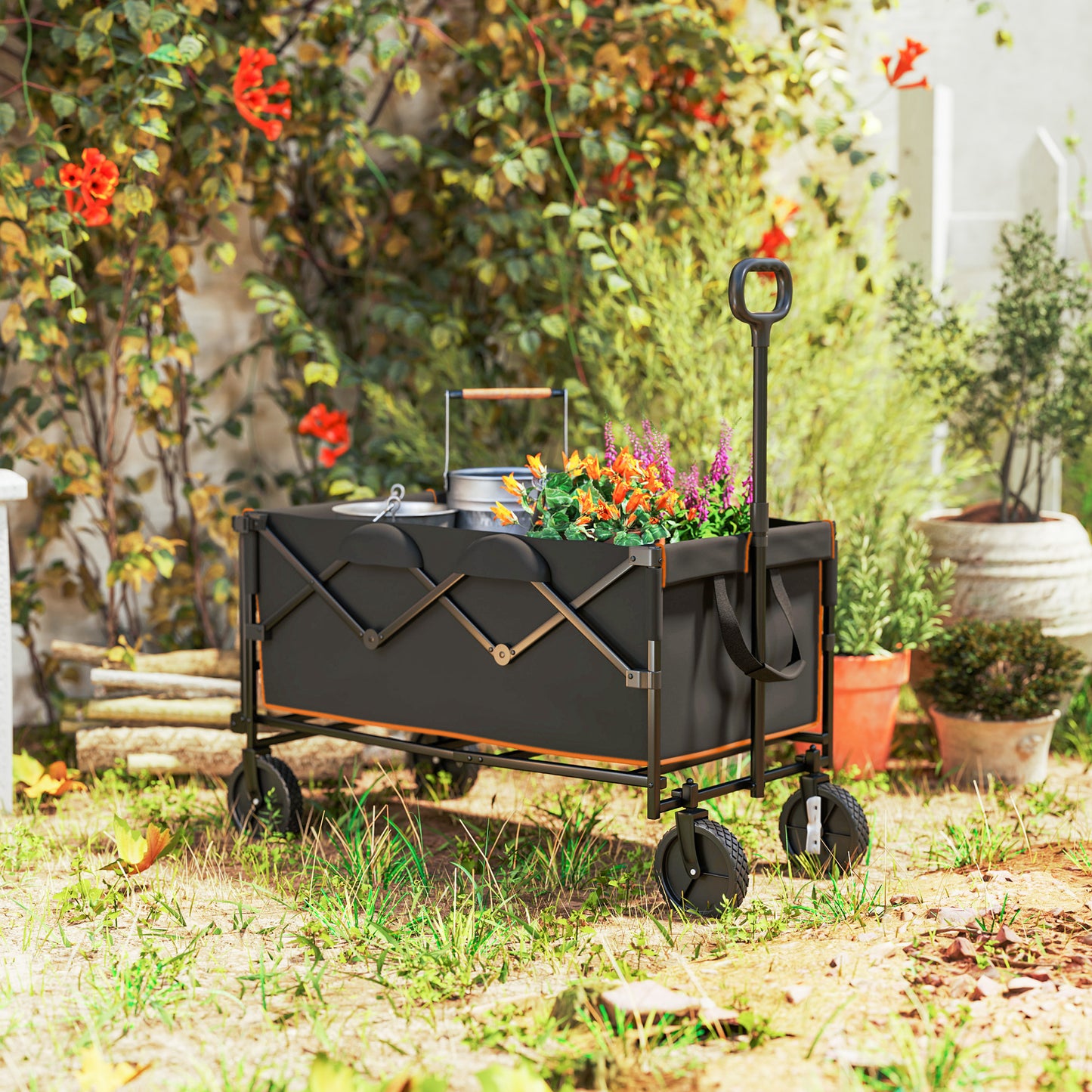 160L Folding Trolley Cart w/ Adjustable Handle, Black and Orange