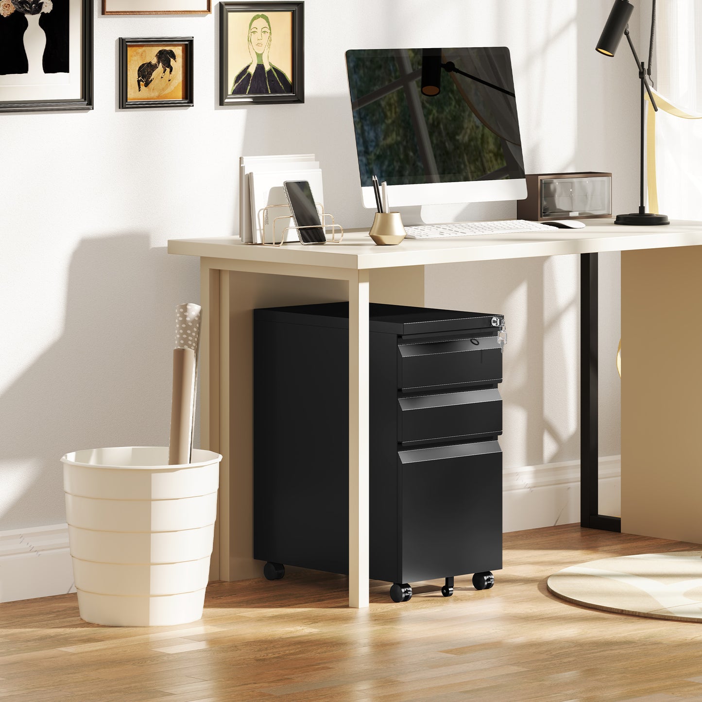 Steel File Cabinet with Lock and Wheels for Home Office, Black