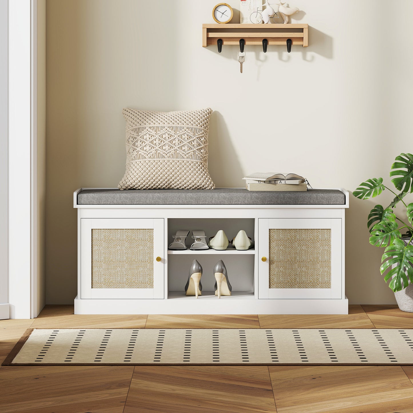 Shoe Bench, Boho Shoe Storage Bench with Padded Cushion, White