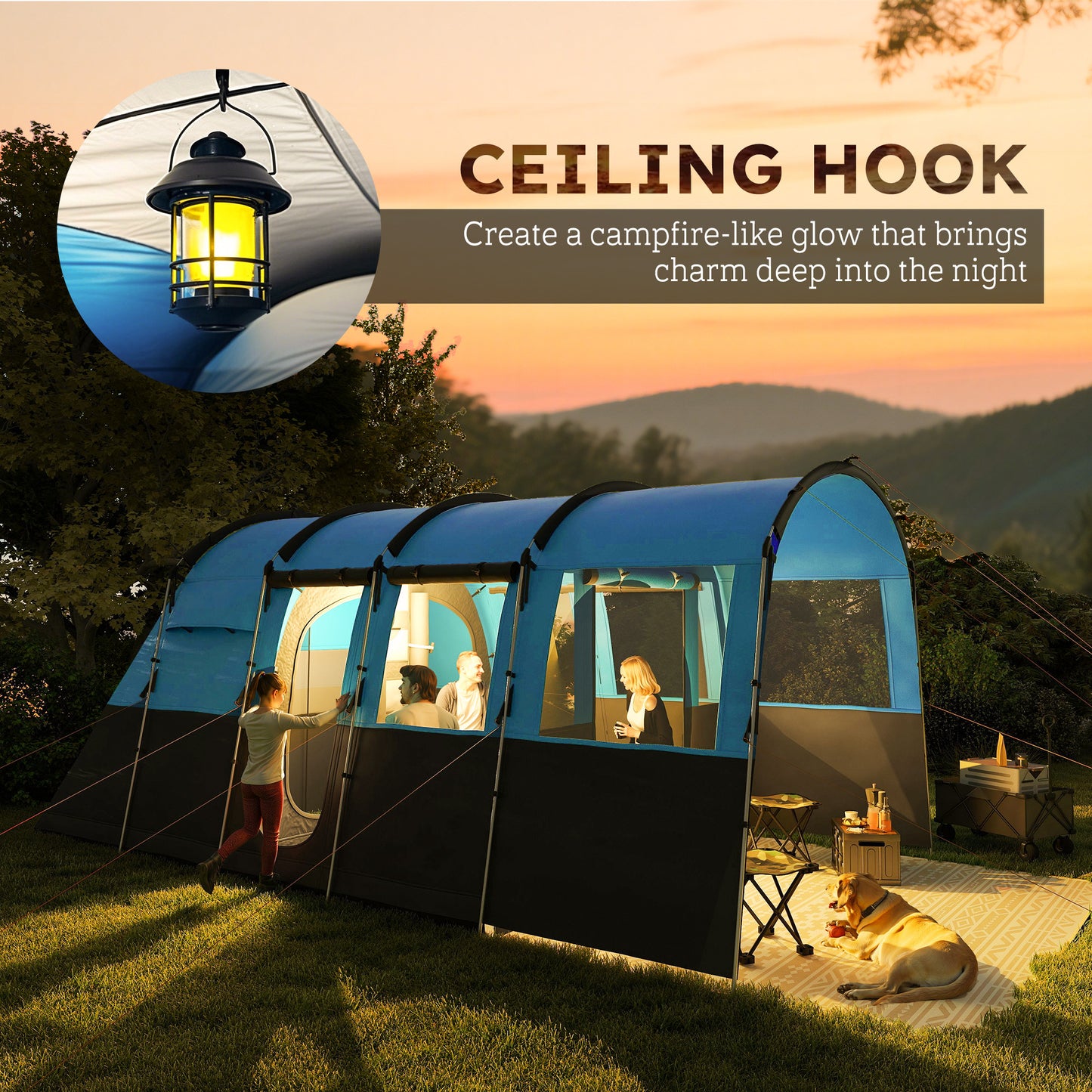 8-Person Camping Tent Tunnel Design with 4 Large Windows Blue