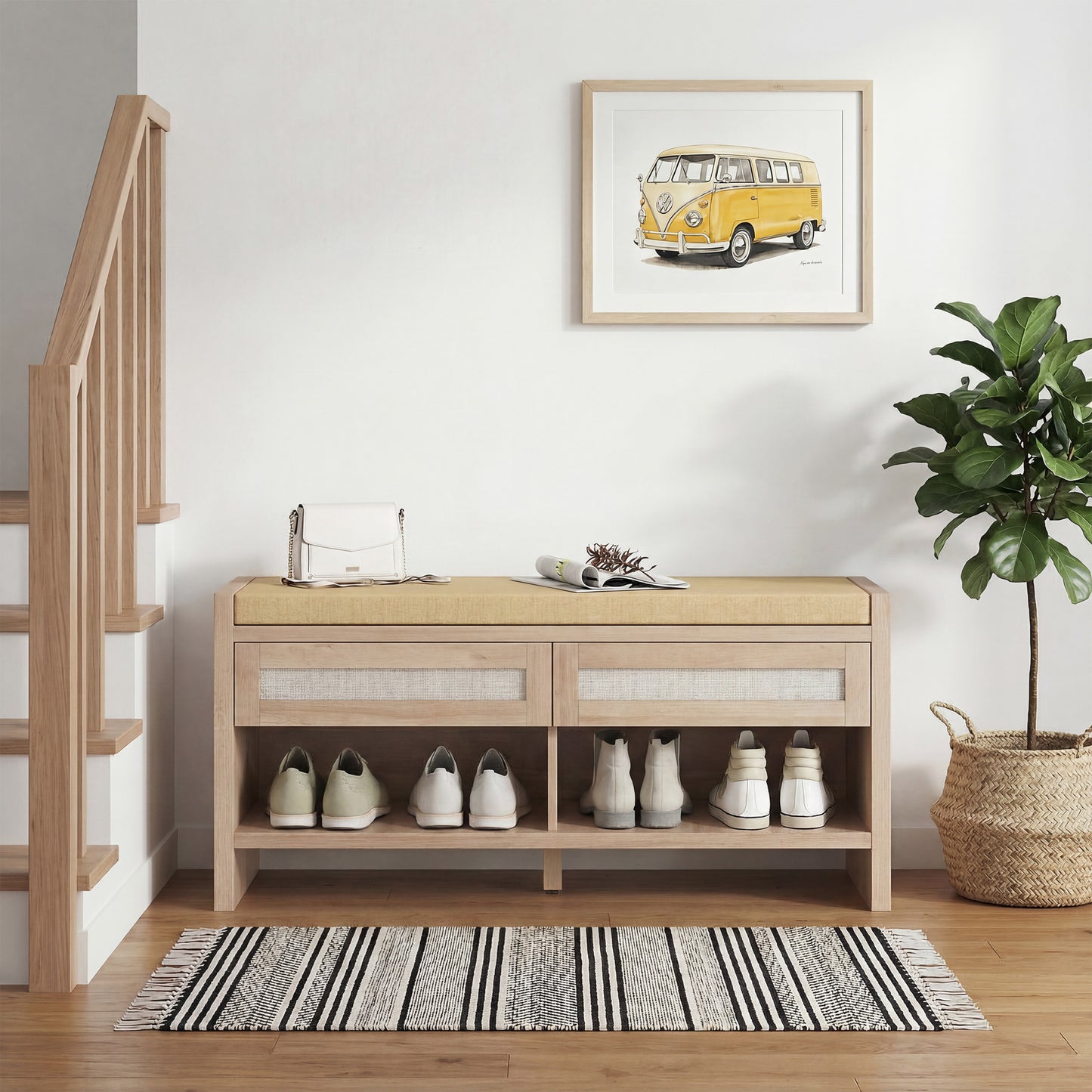 Shoe Bench with 2 Rattan Drawers, Boho Shoe Storage Bench with Linen-Look Cushioned Seat and Open Shelf, for Entryway, Living Room, Bedroom, 105 x 35 x 50 cm, Oak Wood Effect