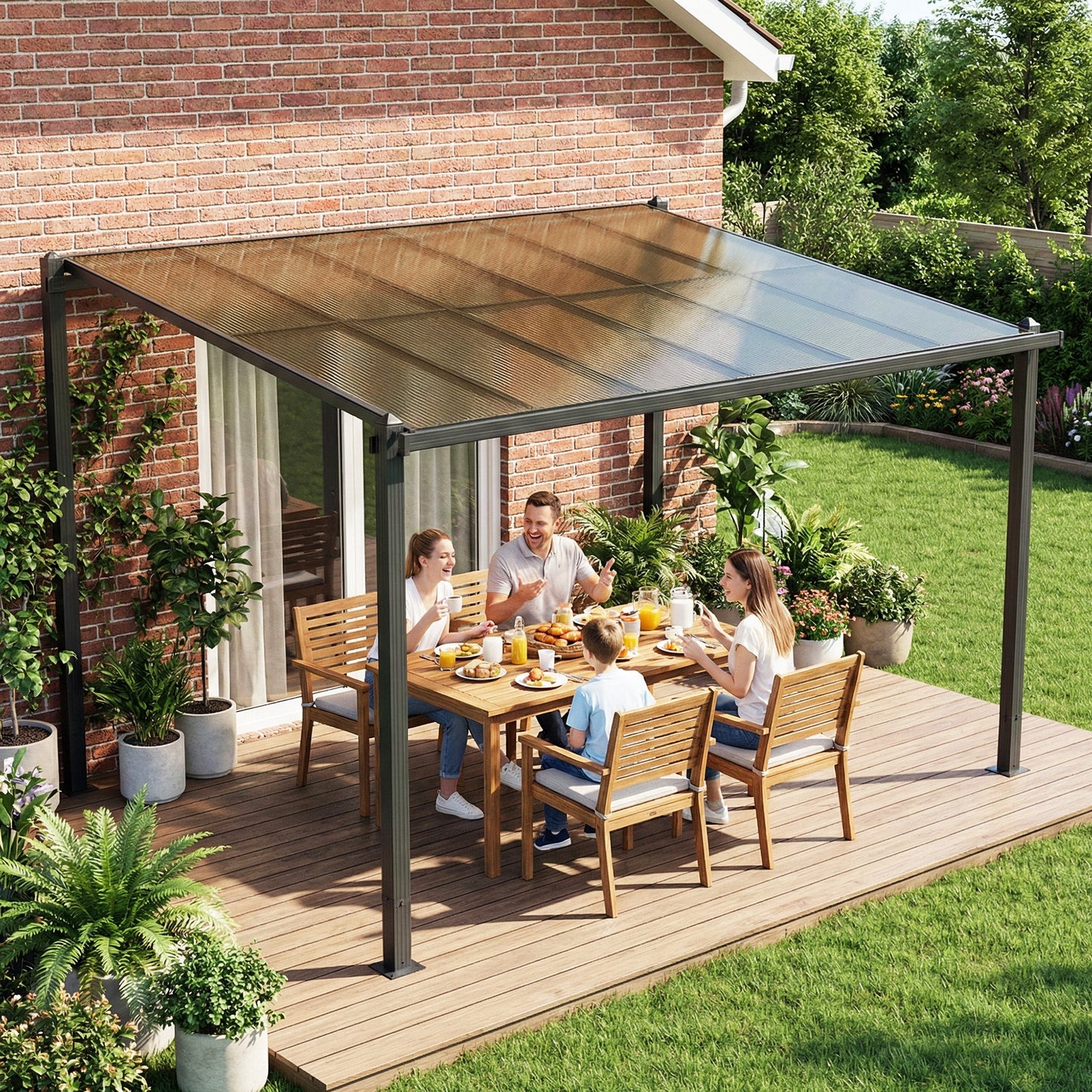 3.6 x 3 m Lean to Garden Pergola with Drainage Gutters, Dark Grey
