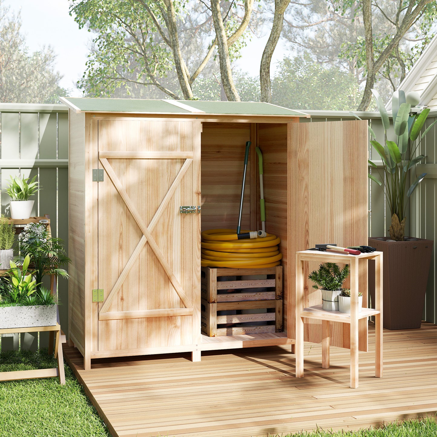 Garden Storage Shed Tool Organizer w/ Table, 140x75x157cm, Natural