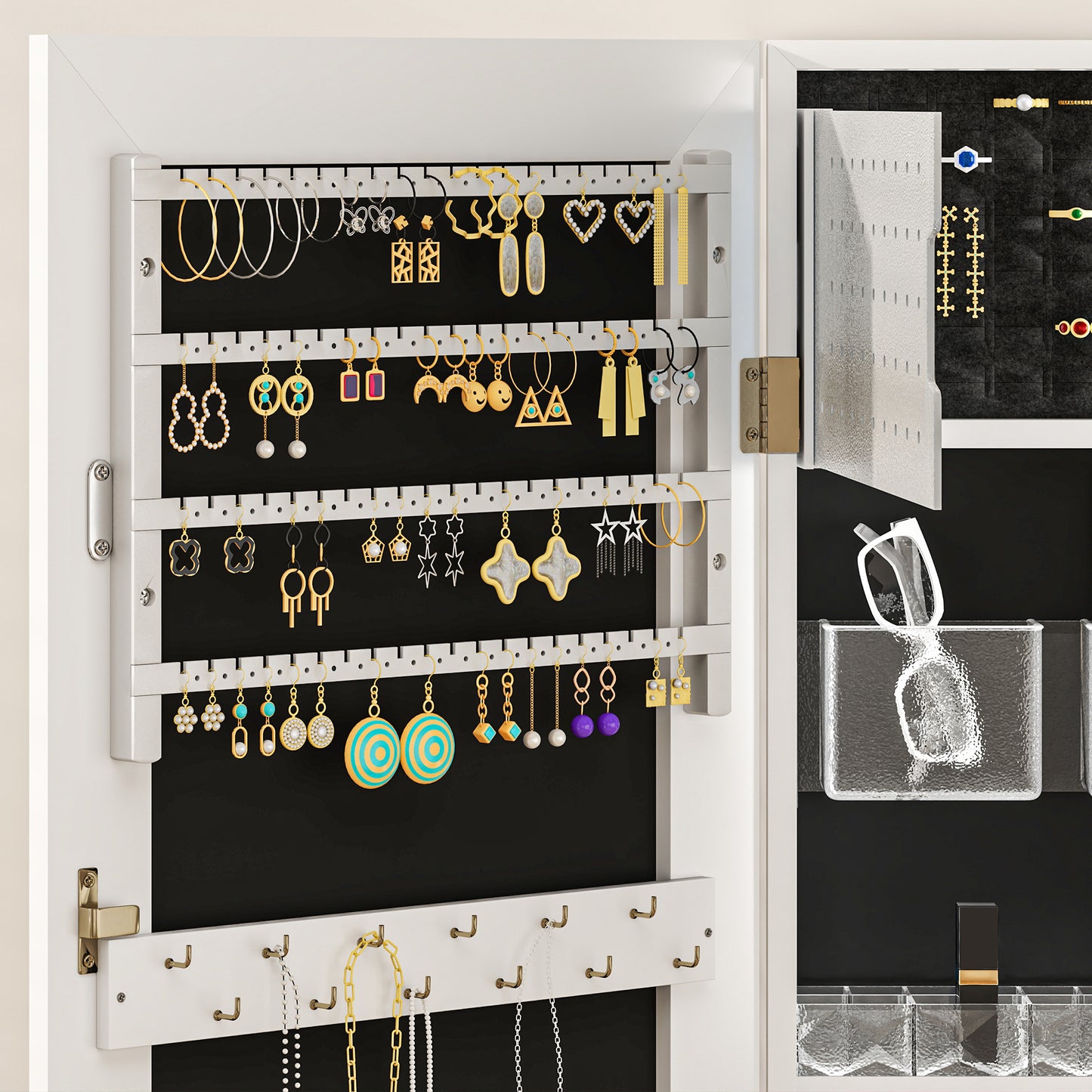 Door Hanging or Wall Mounted Jewellery Cabinet w/ Mirror Black Lining