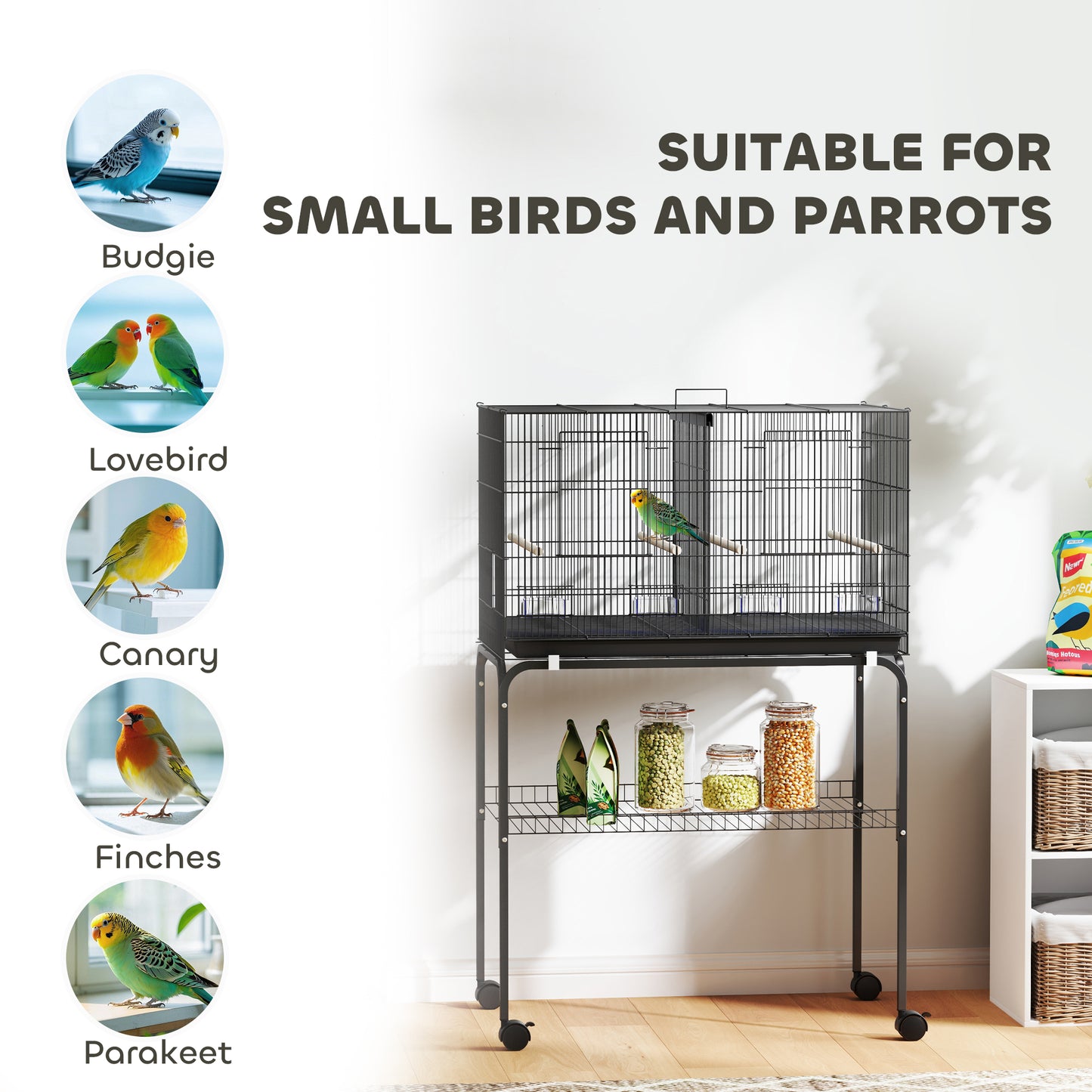 Bird Cage with Divider, 4 Wooden Perches, Slide Out Tray, Black