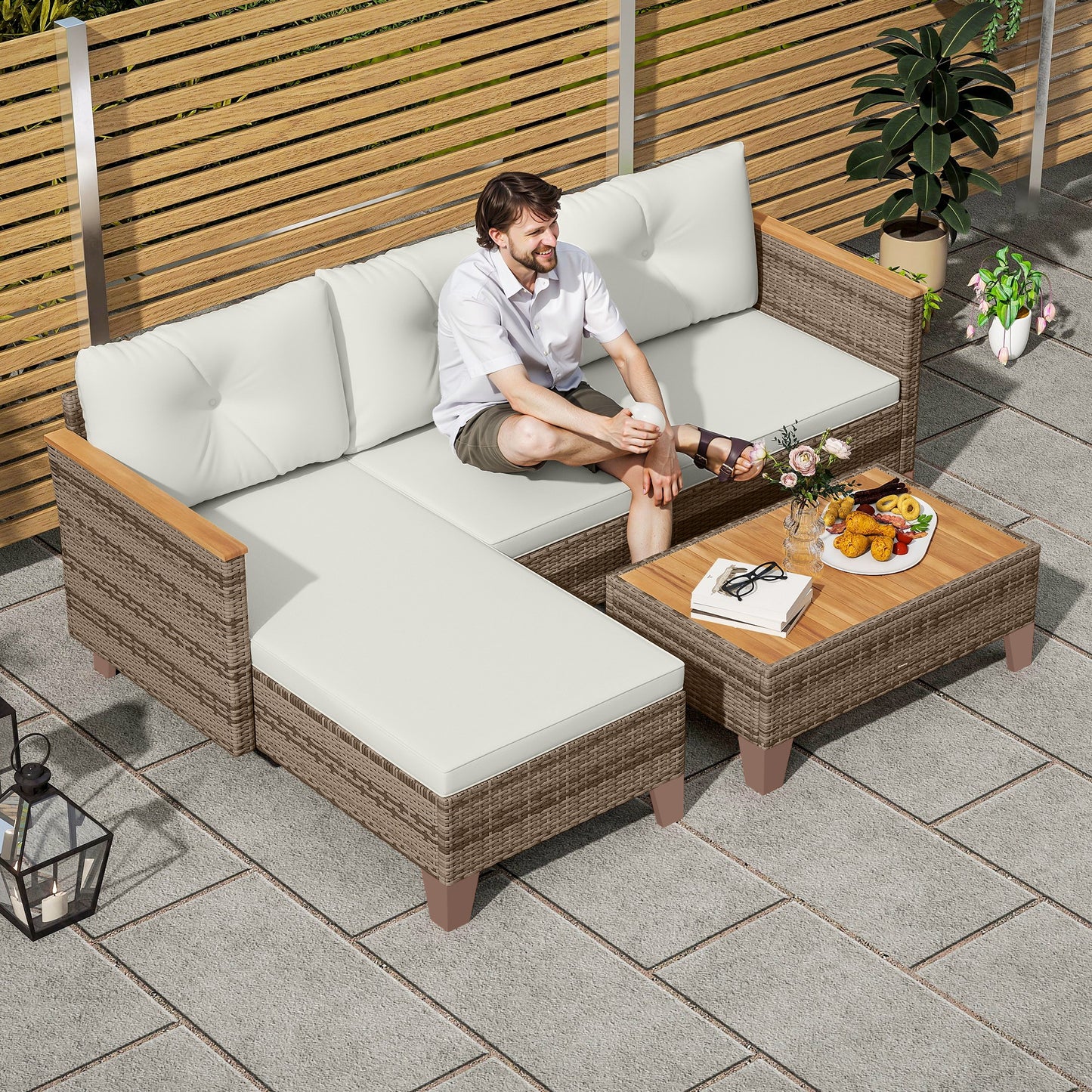 L Shaped Garden Conversation Chaise Lounge Furniture, Cream