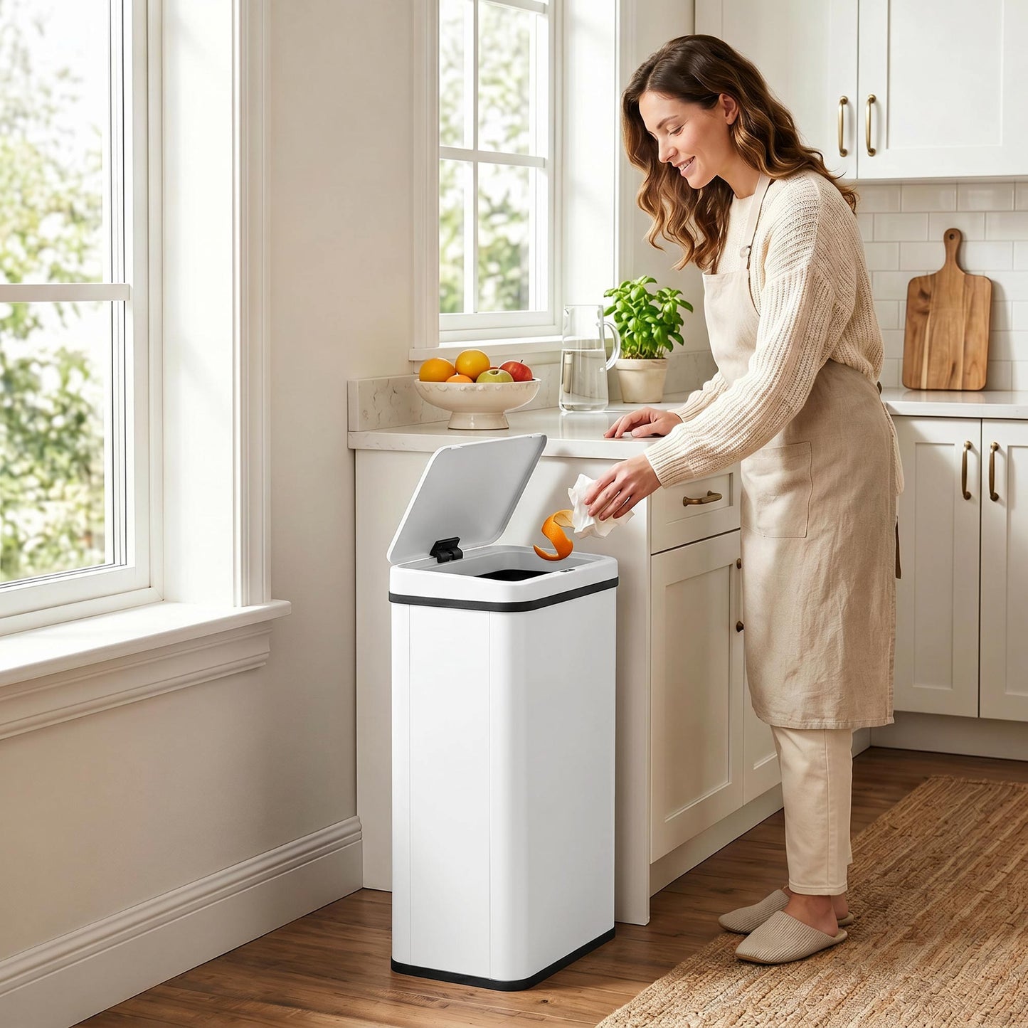 50L Sensor Bin with Quiet Soft-Close Lid, Automatic Touchless Motion Sensor Kitchen Bin with Fingerprint Resistant Stainless Steel for Hygienic Gyms, Home Office Use, White