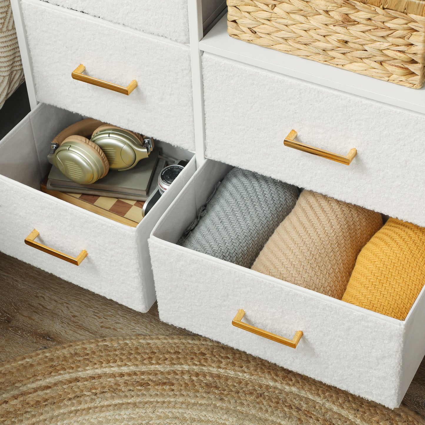 Boucle Chest of Drawers, 2 USB & 2 AC Ports, 8 Drawers Dresser