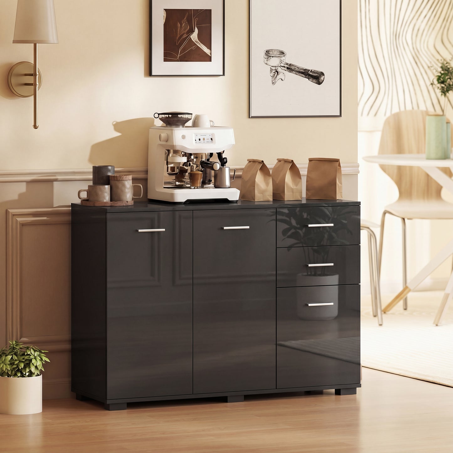 Modern Sideboard Kitchen Storage Cabinet, High Gloss Black