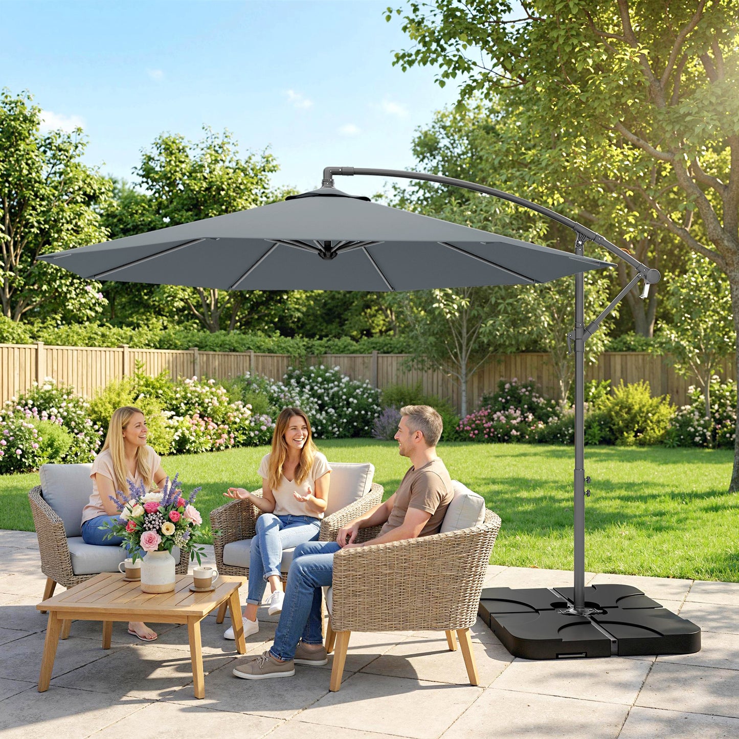3(m) Banana Parasol Cantilever Umbrella Garden w/ Base Weights - Dark Grey