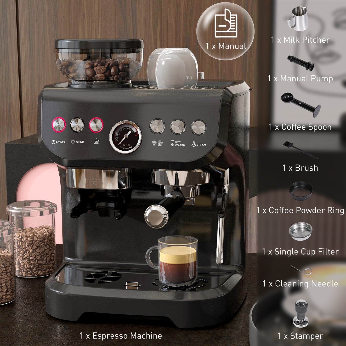 Espresso Machine, Bean Grinder & Steam Wand, 15 Bar Pressure, Black