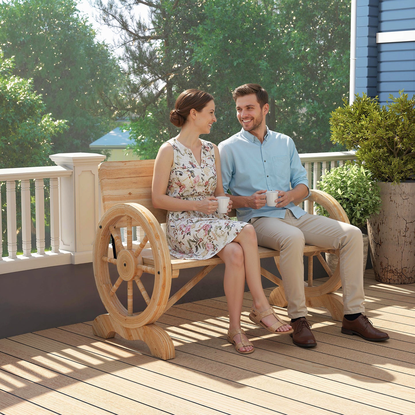Wooden Garden Bench Outdoor Loveseat with High Back, Natural Wood