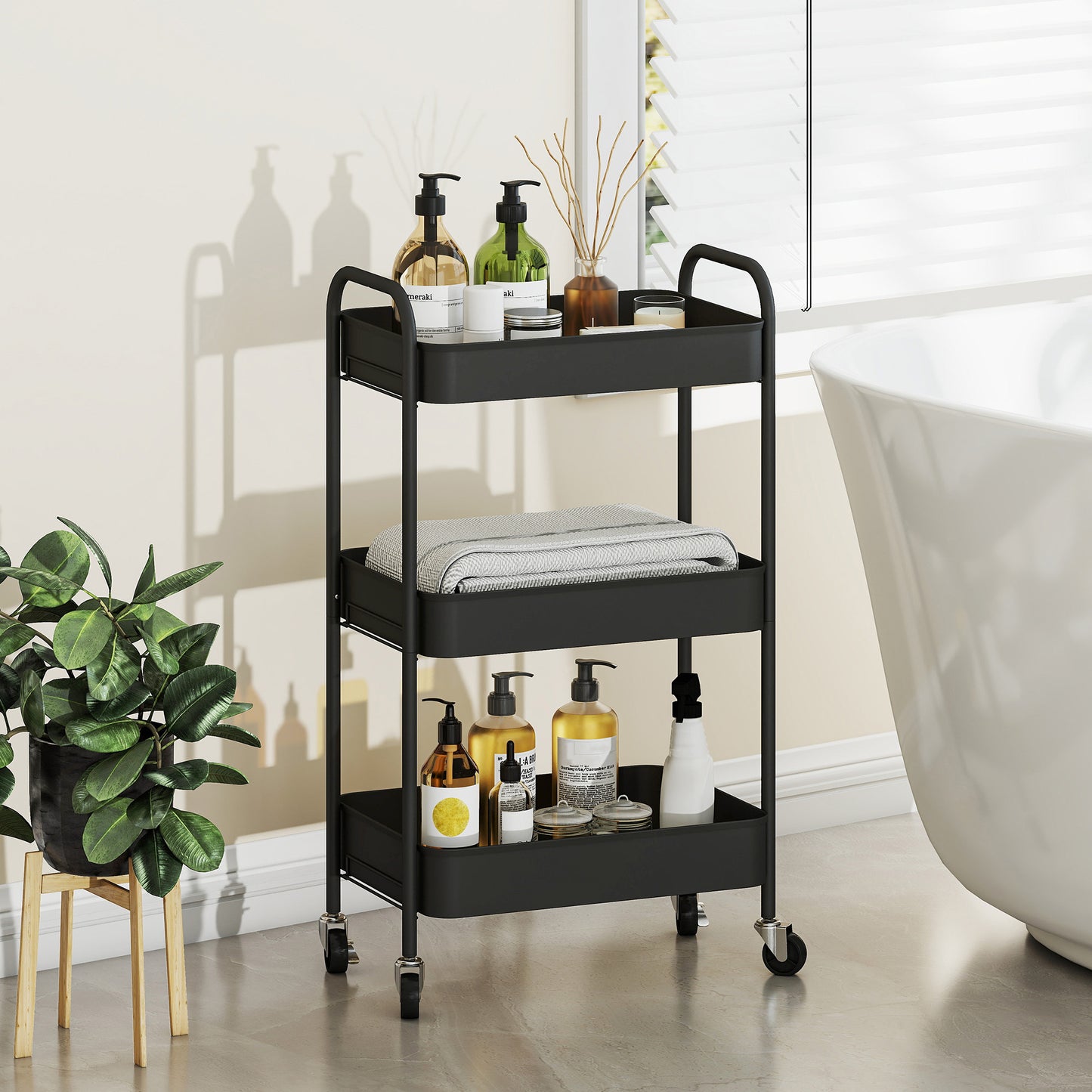 3 Tier Rolling Utility Cart with 3 Mesh Basket, Black