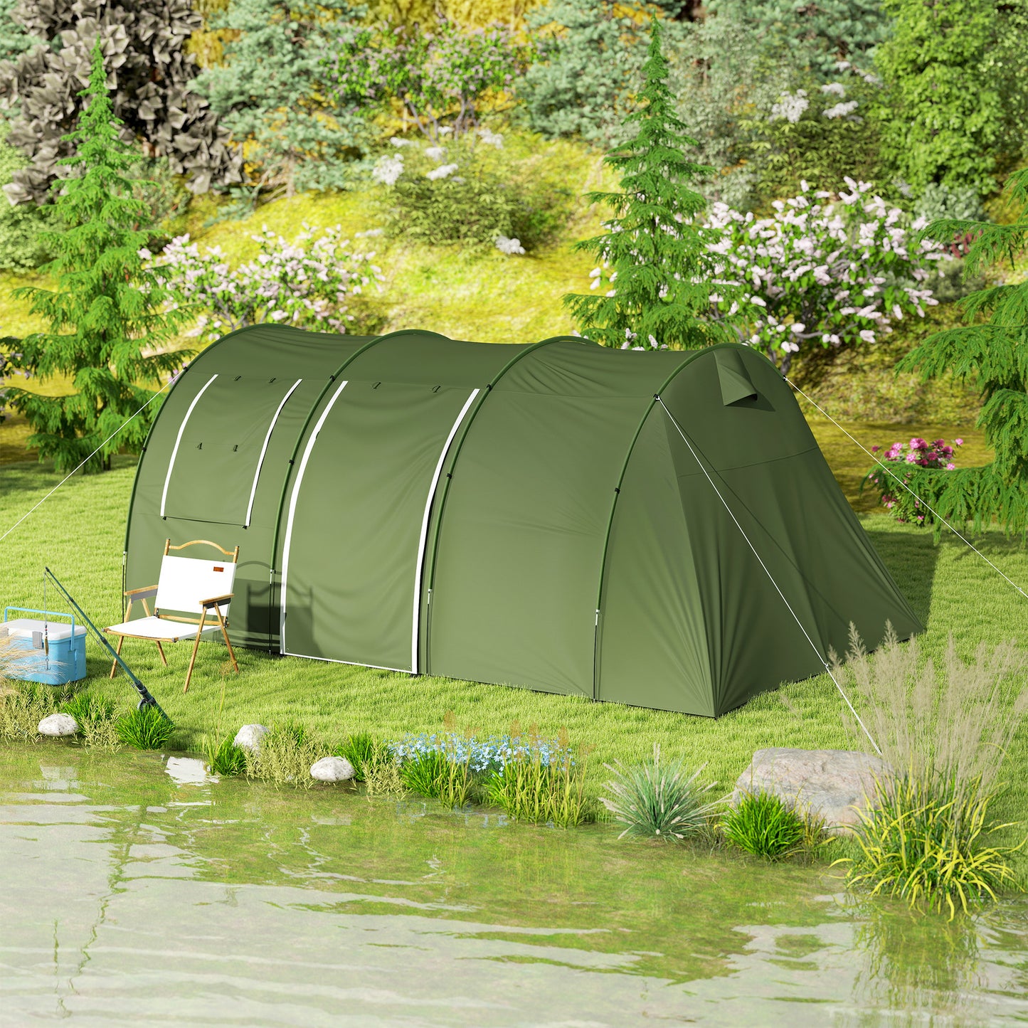 5-6 Man Family Tent Camping Tent with 2 Room and Carry Bag, Green