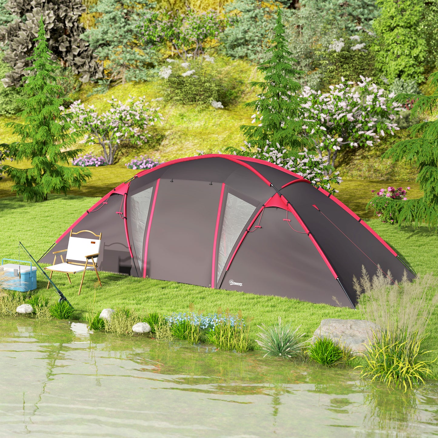 4-6 Man Family Camping Tent w/ 2 Bedrooms, a Living Room, Grey