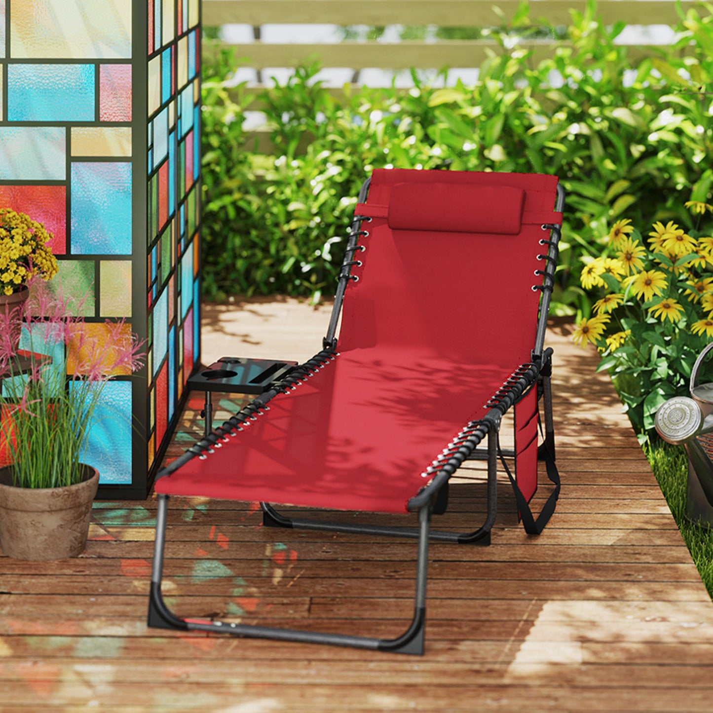 Folding Sun Lounger with 5-Level Reclining Back, Side Table, Red