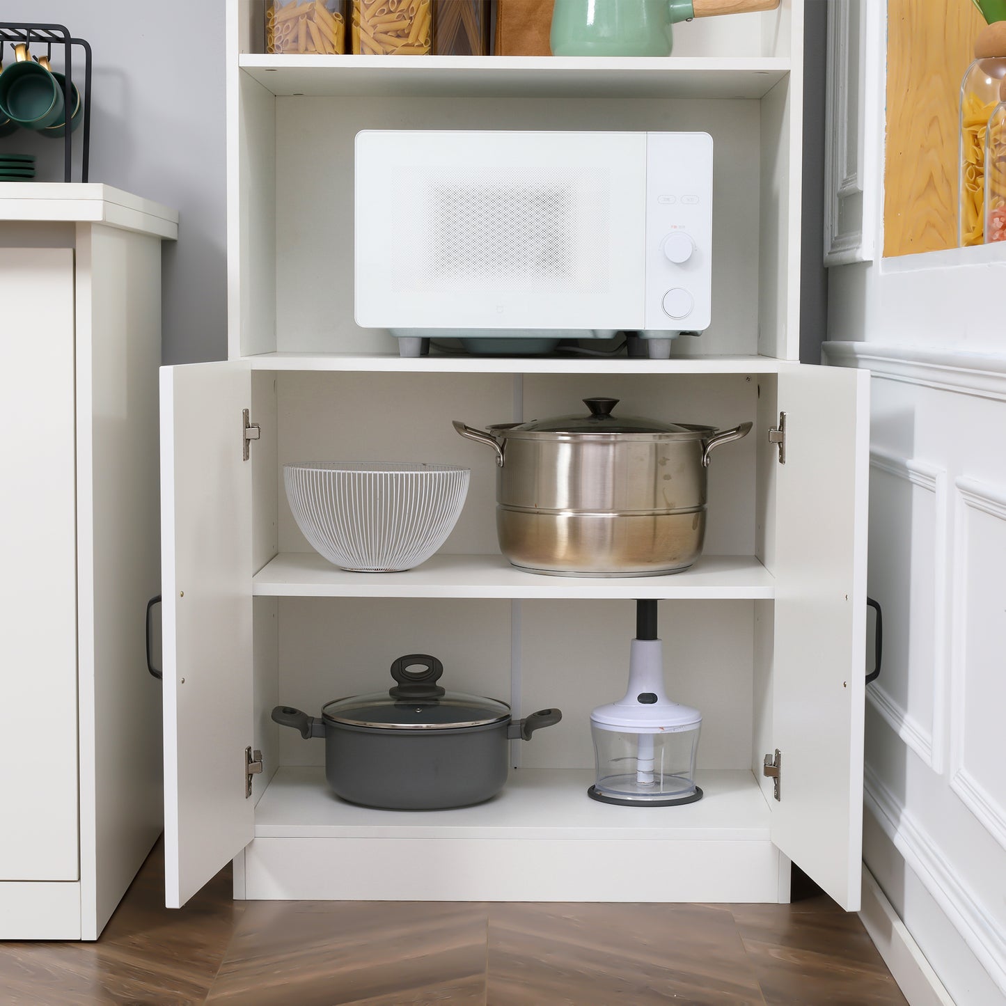 Kitchen Cupboard, 5-Tier Storage Cabinet with Adjustable Bottom Shelf, Open Microwave Countertop, White