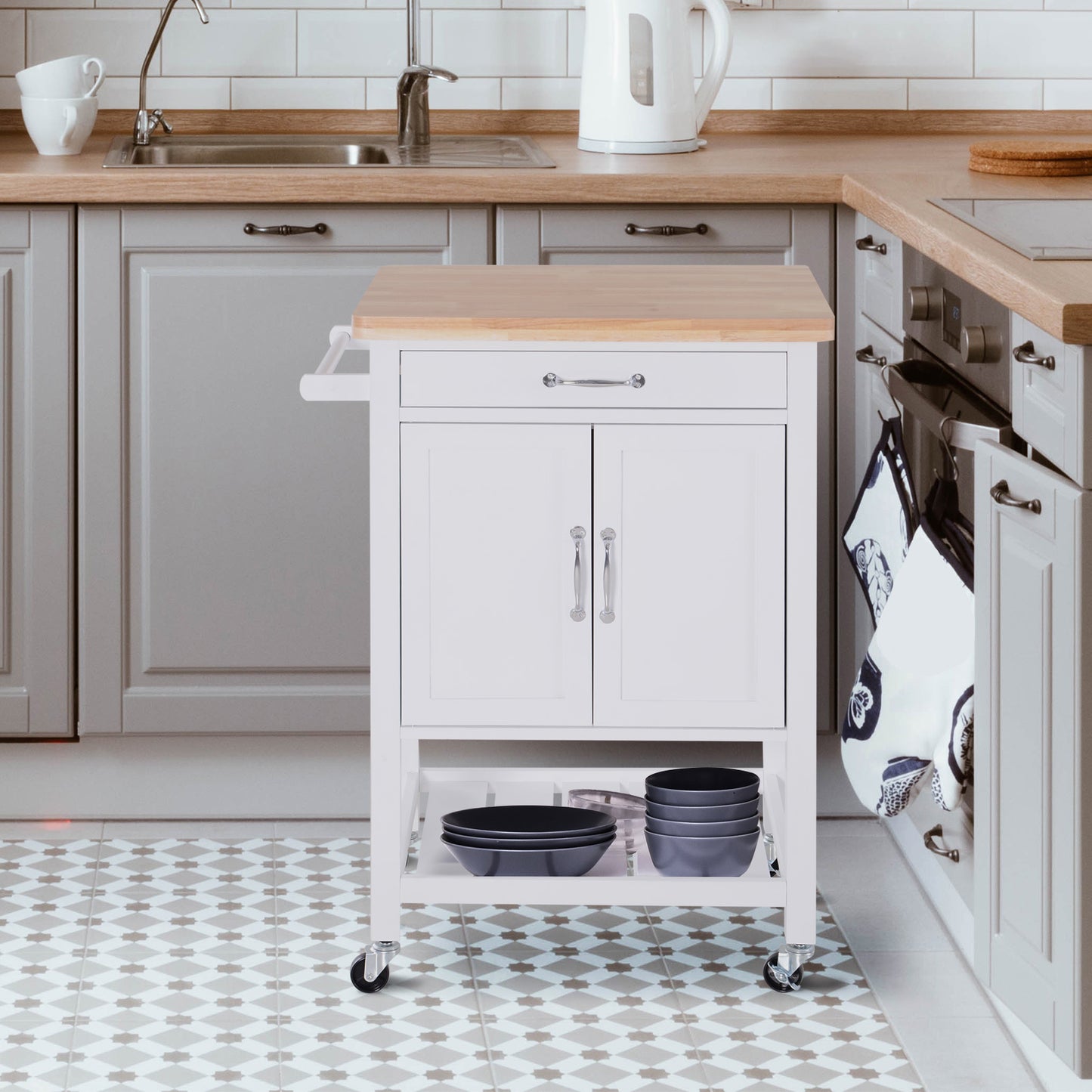 Kitchen Storage Trolley Cart Rolling Wheels Shelves Cupboard W/ Drawer