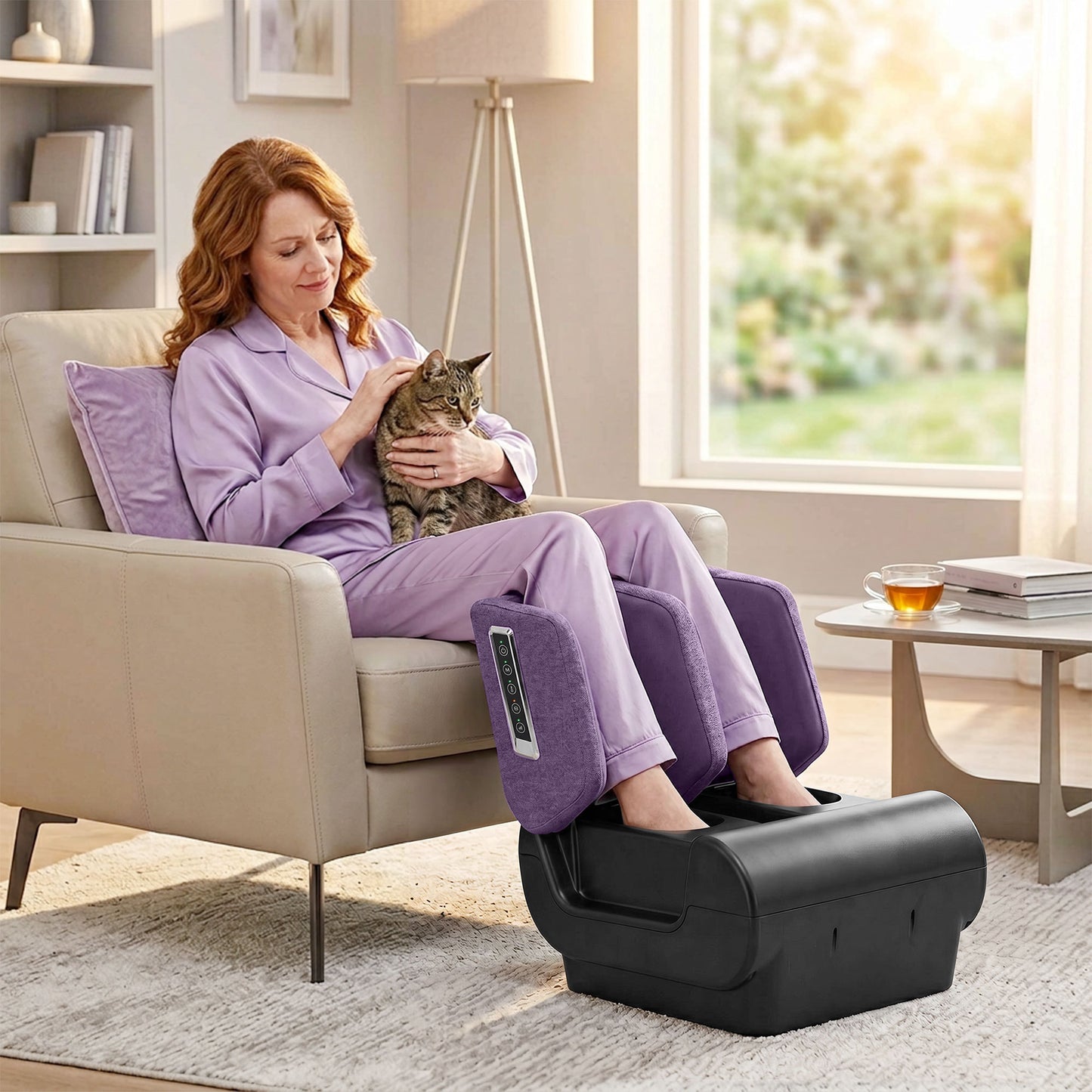 Foot and Calf Massager, 2 in 1 Foot Massager Machine & Ottoman with Shiatsu Foot with Heat, Air Compression, Timer, 3 Modes & Intensities for Feet, Ankle, Leg, Purple and Black
