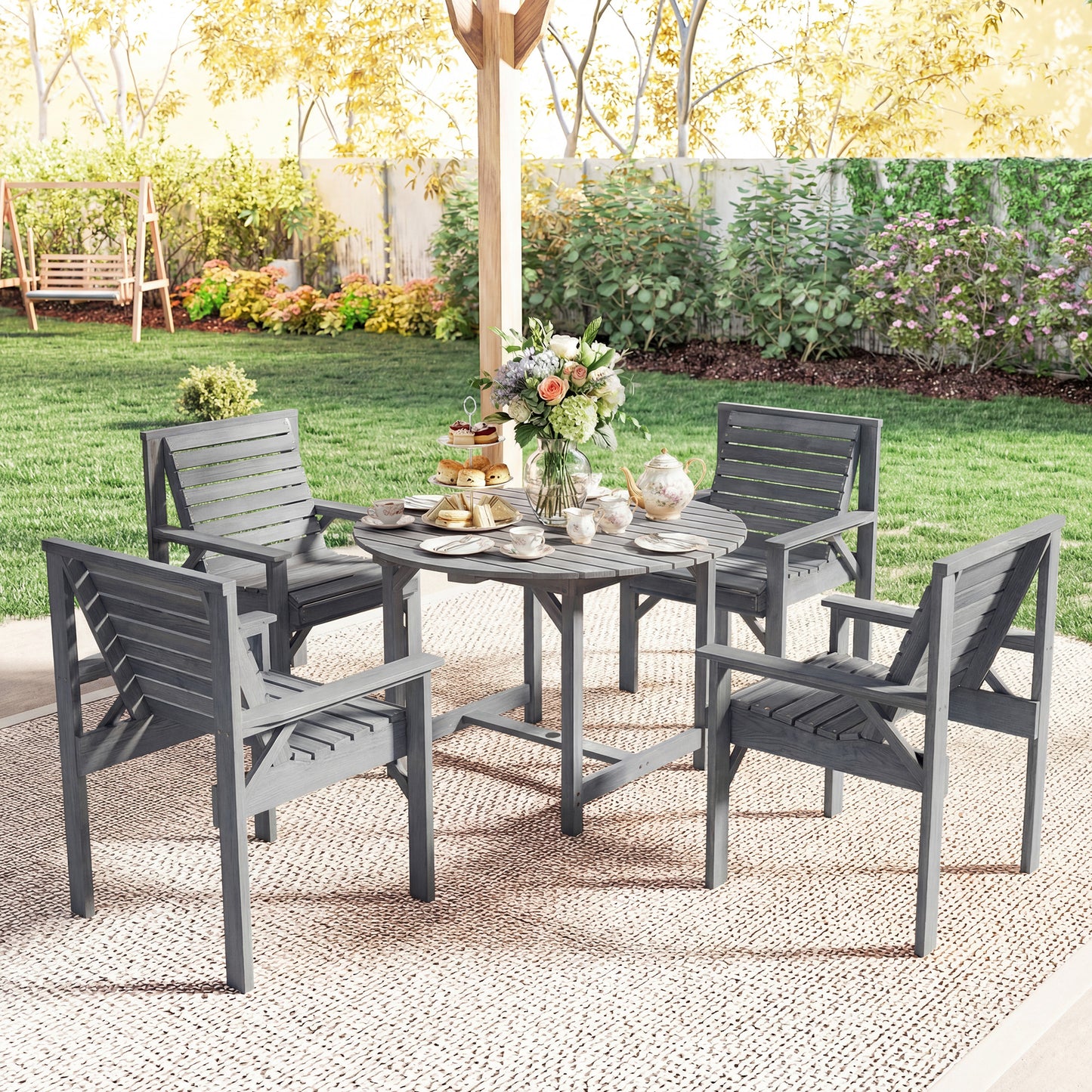 Garden Dining Set, Round Table and Chairs w/ Parasol Hole, Grey