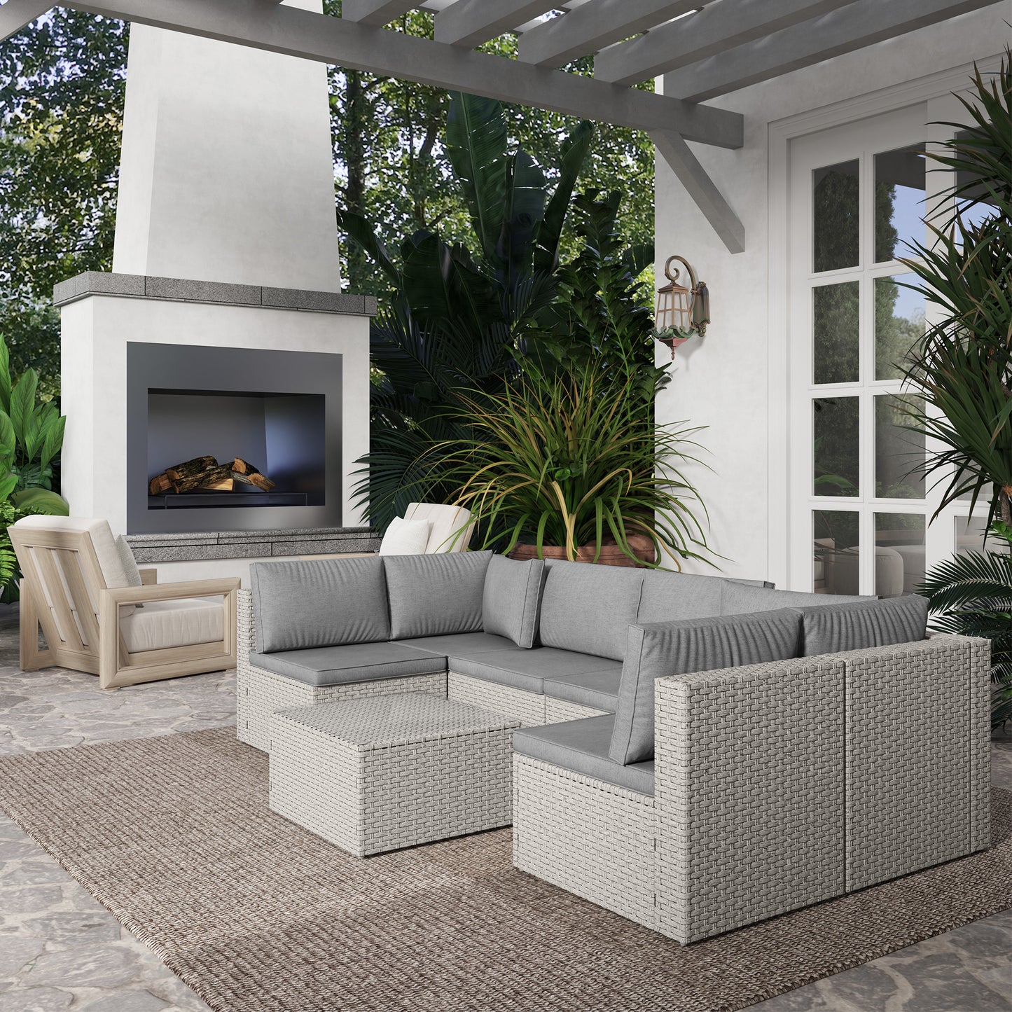 7 Pieces Rattan Garden Furniture Set with Cushions, Grey