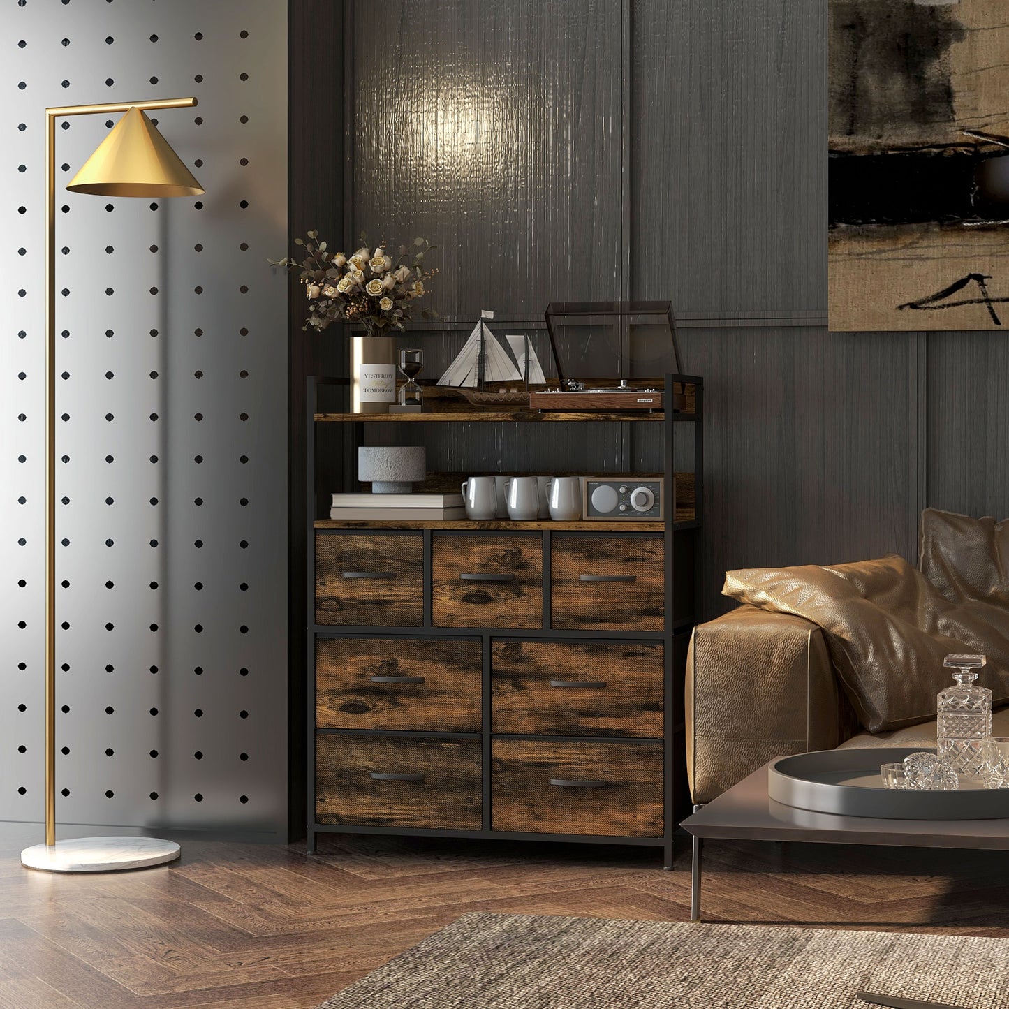 Bedroom Chest of Drawers 7 Drawer Dresser w/ Shelves, Rustic Brown