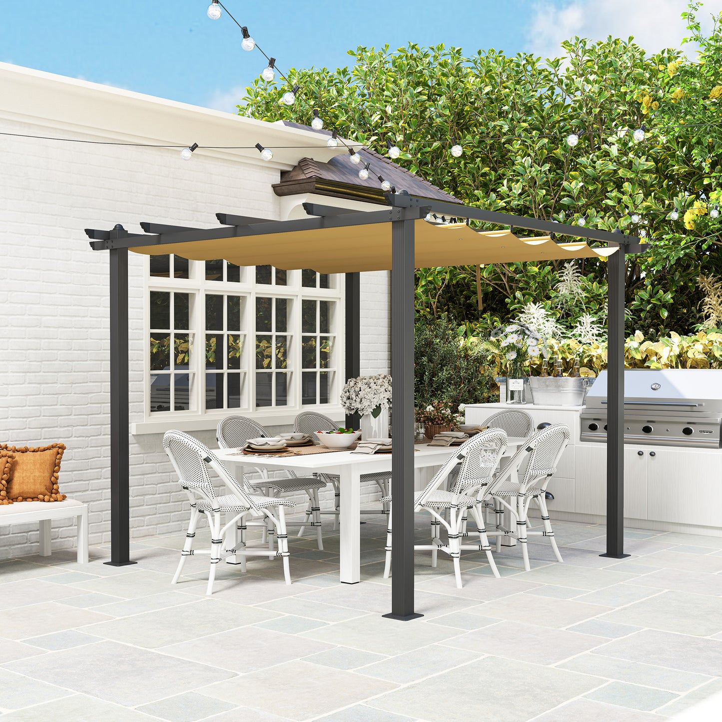 3 x 3(m) Aluminium Pergola with Retractable Roof, Garden Gazebo Khaki