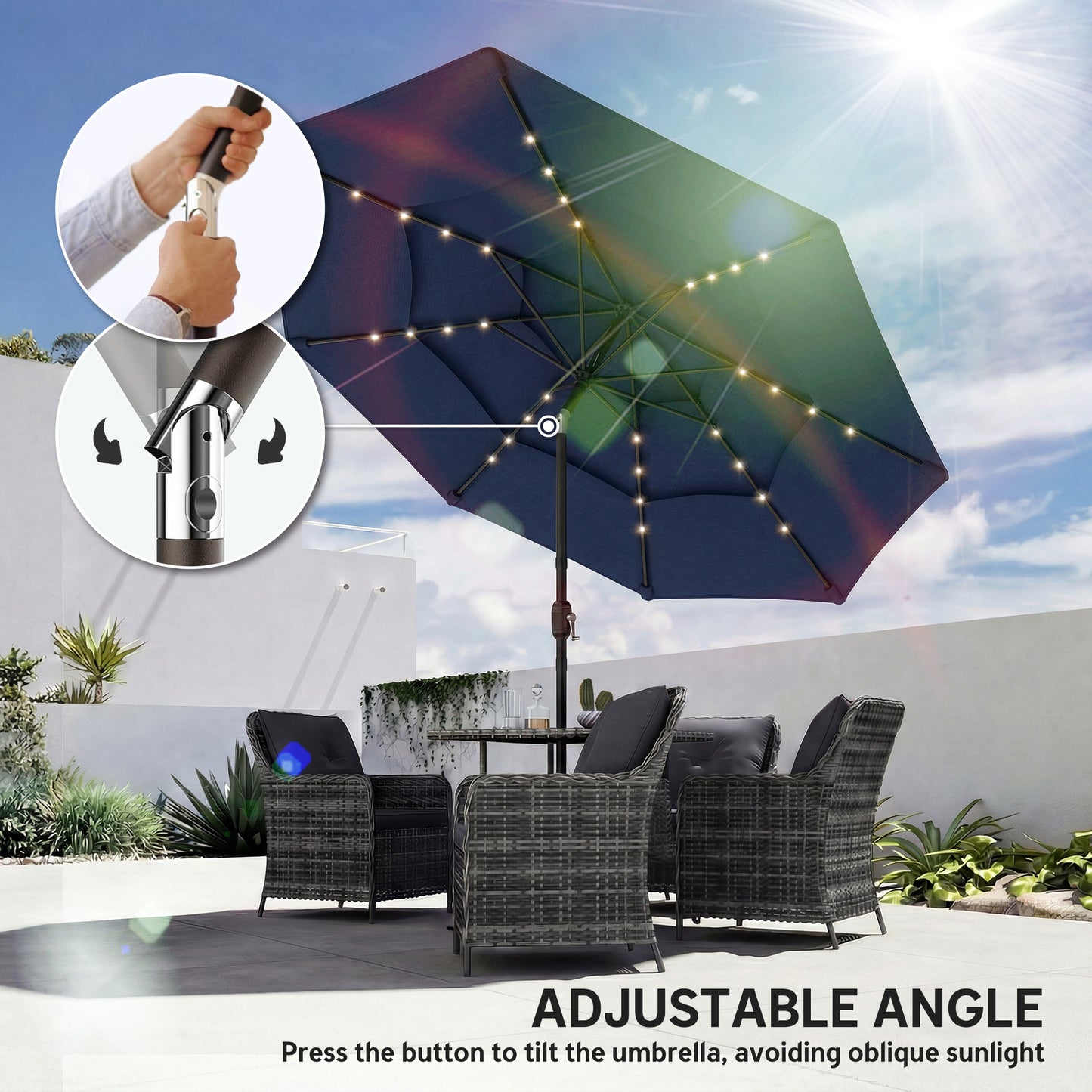 2.8 m Garden Parasol Umbrella with Light, Patio Umbrella, Navy Blue