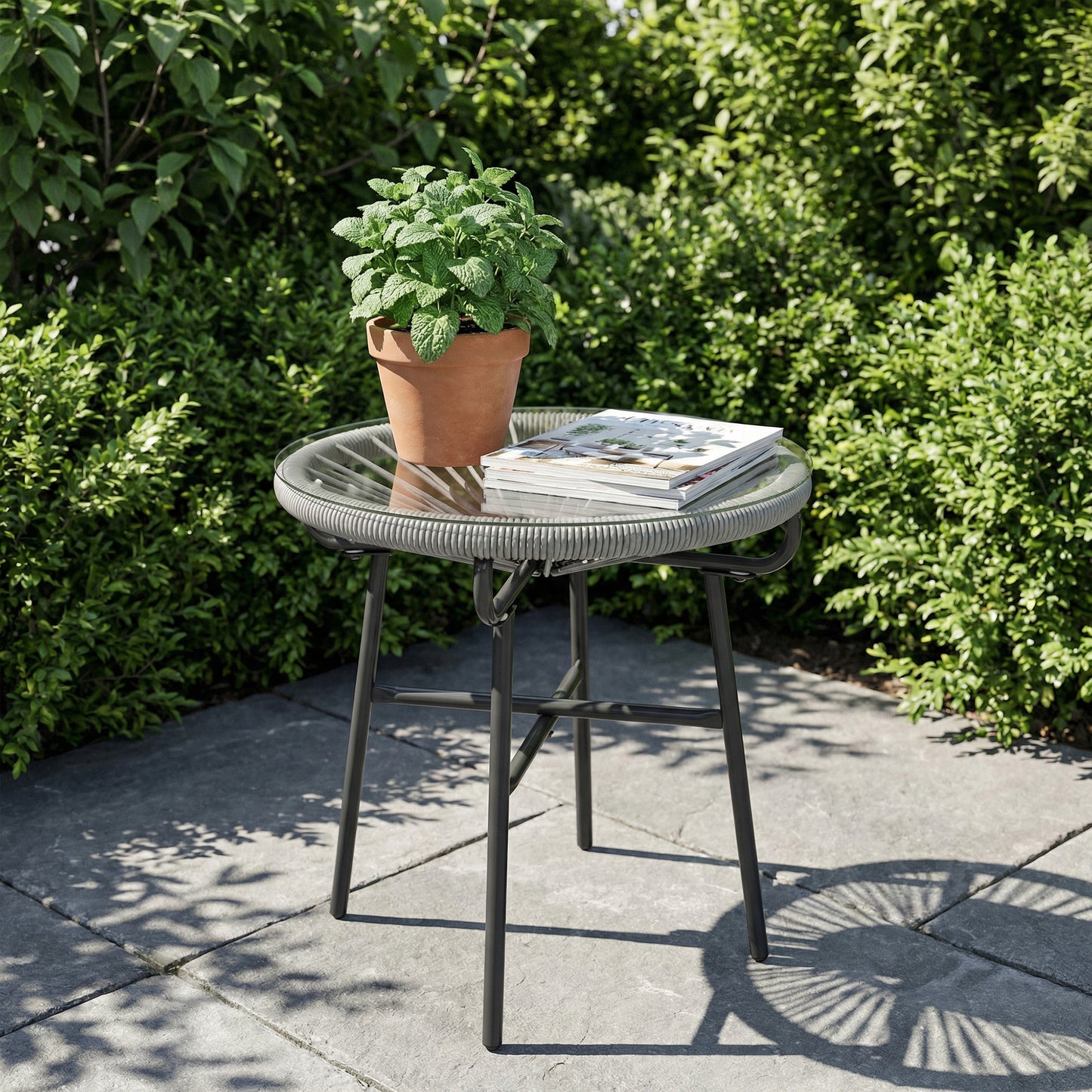 Rattan Side Table w/ Tempered Glass Tabletop, Light Grey