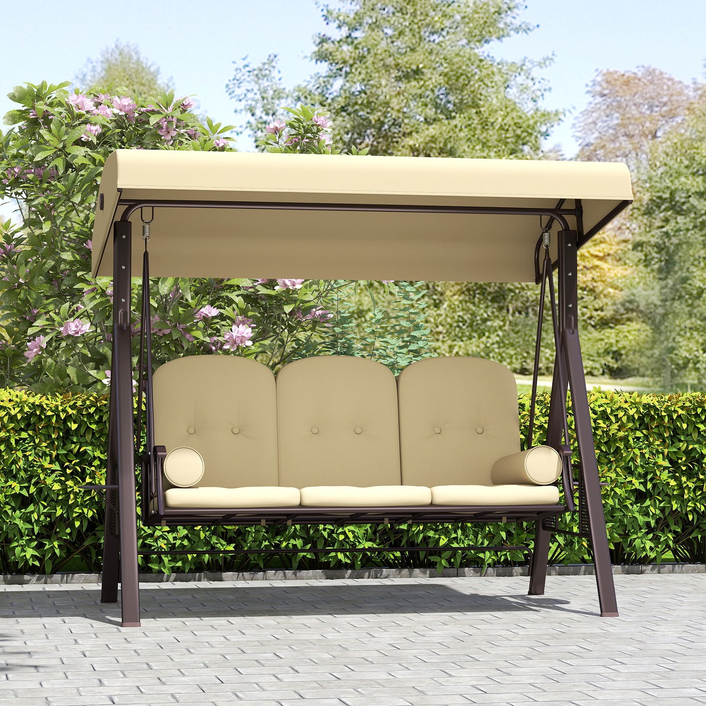 3 Seater Garden Swing Chair Patio Swing Bench w/ Cup Trays Brown