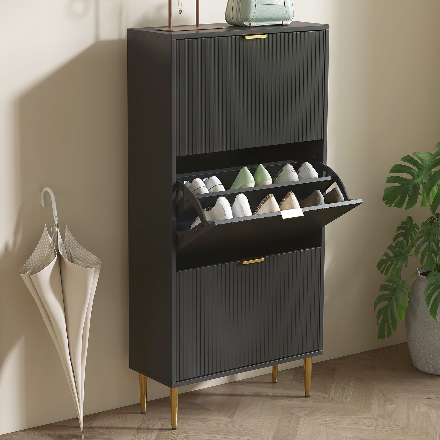 Slim Shoe Storage Cabinet with 3 Flip Drawers for Hallway, Black
