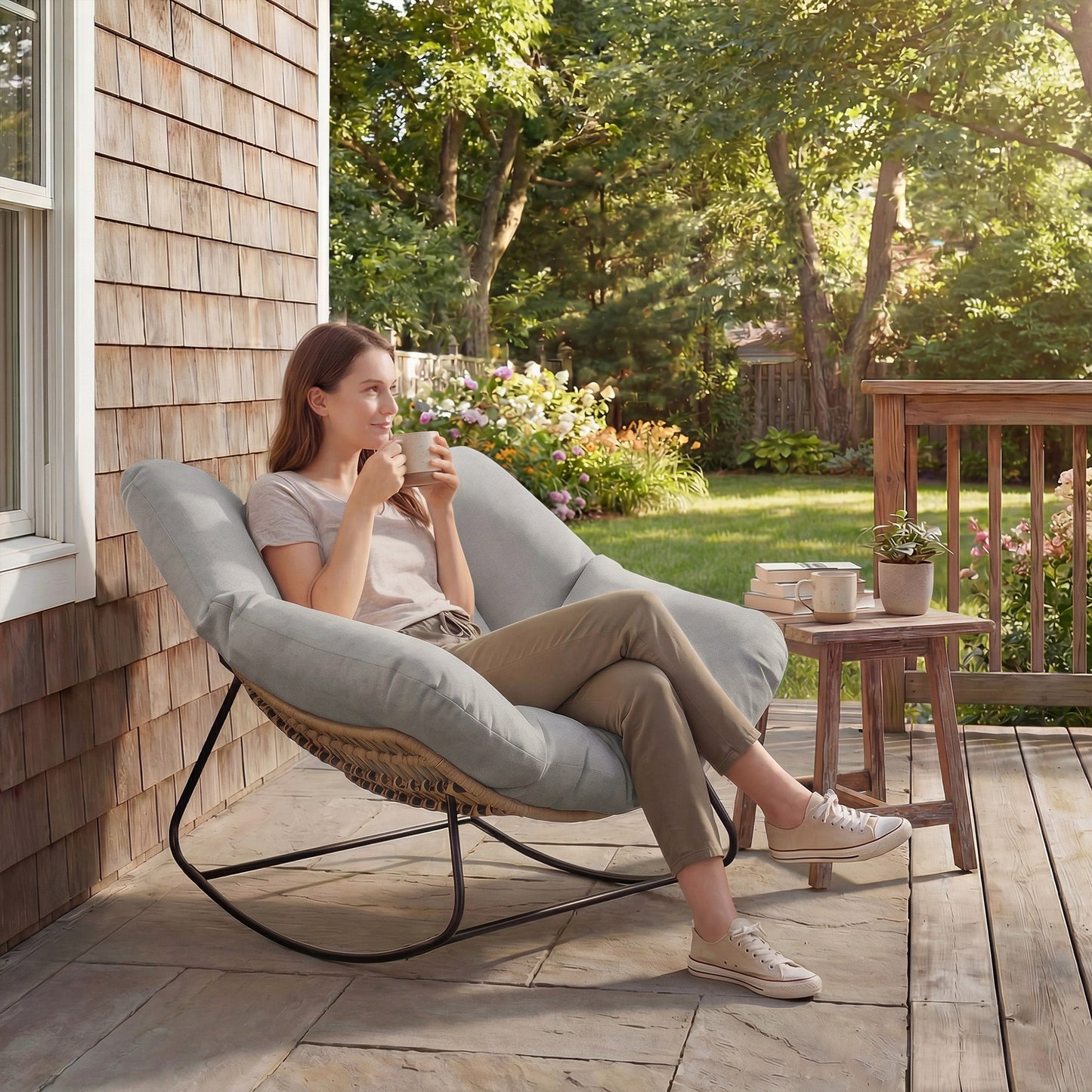 Indoor Outdoor Rocking Chair with Cushion, Light Grey