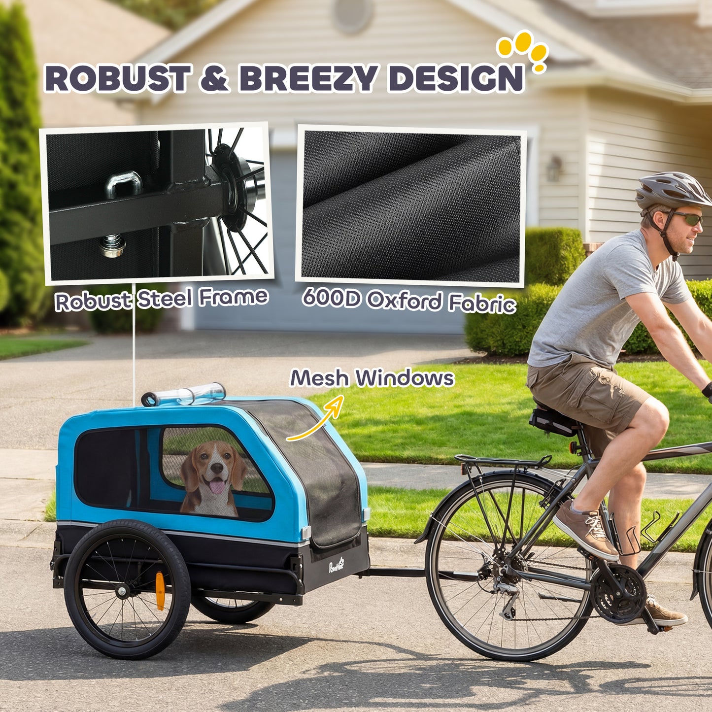 Dog Bike Trailer Support Up to 20 kg, Dog Bicycle Carrier, Easy Store Cart with Quick Release Frame, Flip-Down Ramp Tailgate, Universal Bicycle Coupler, Reflectors, Flag, Blue