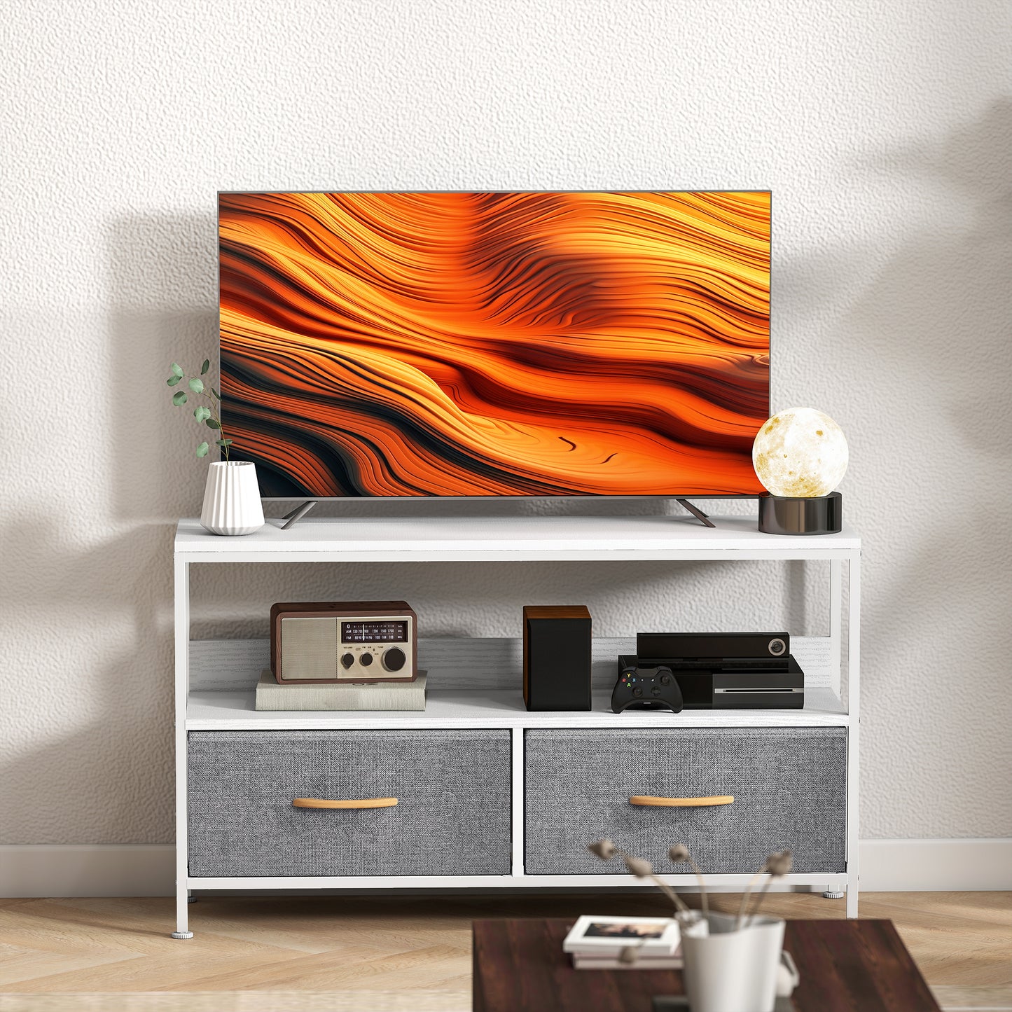 TV Cabinet, TV Console Unit with 2 Foldable Linen Drawers White