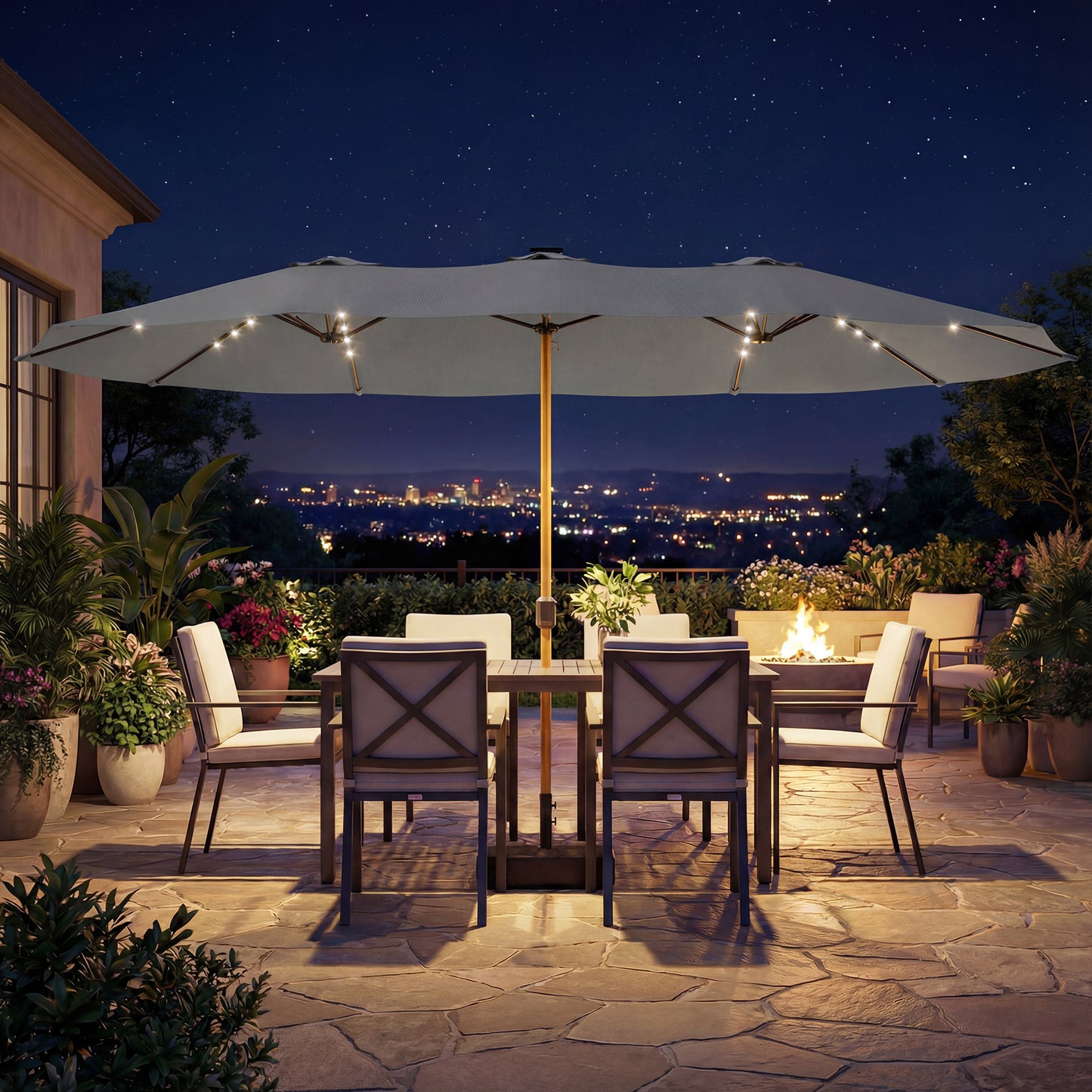 Double Sided Garden Parasol w/ 48 Solar LED Lights 4.6m Light Grey