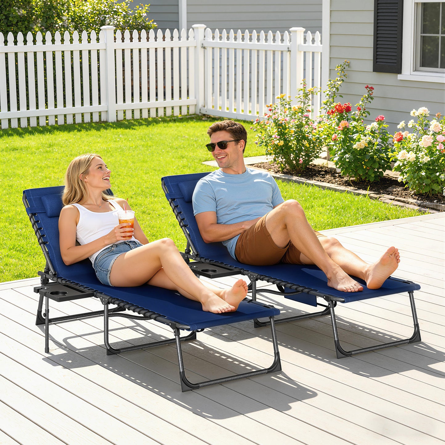 Folding Sun Loungers with 5-Level Back, Cup Holder, Dark Blue