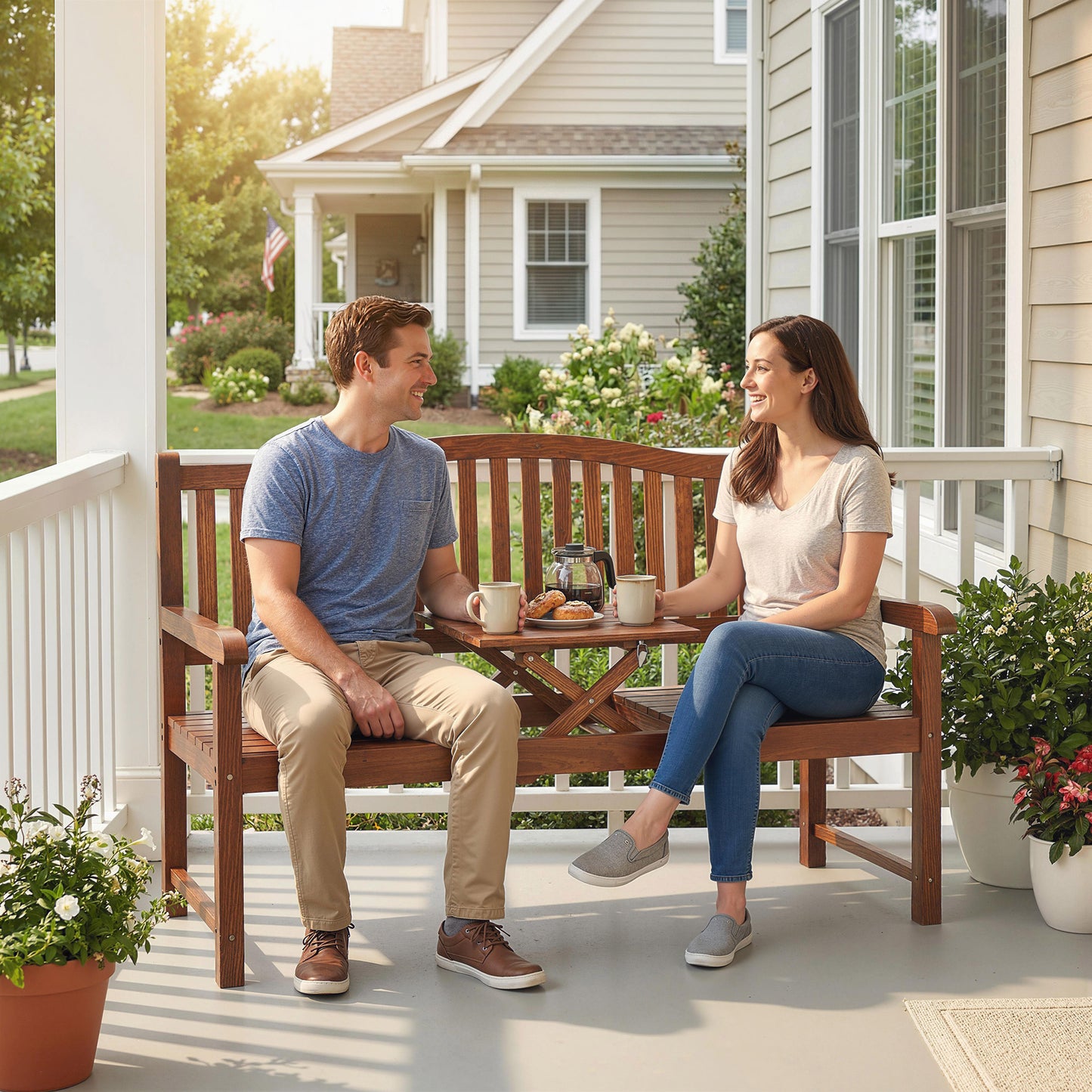 Wood Garden Loveseat Bench with Liftable Table, Cover, Light Brown